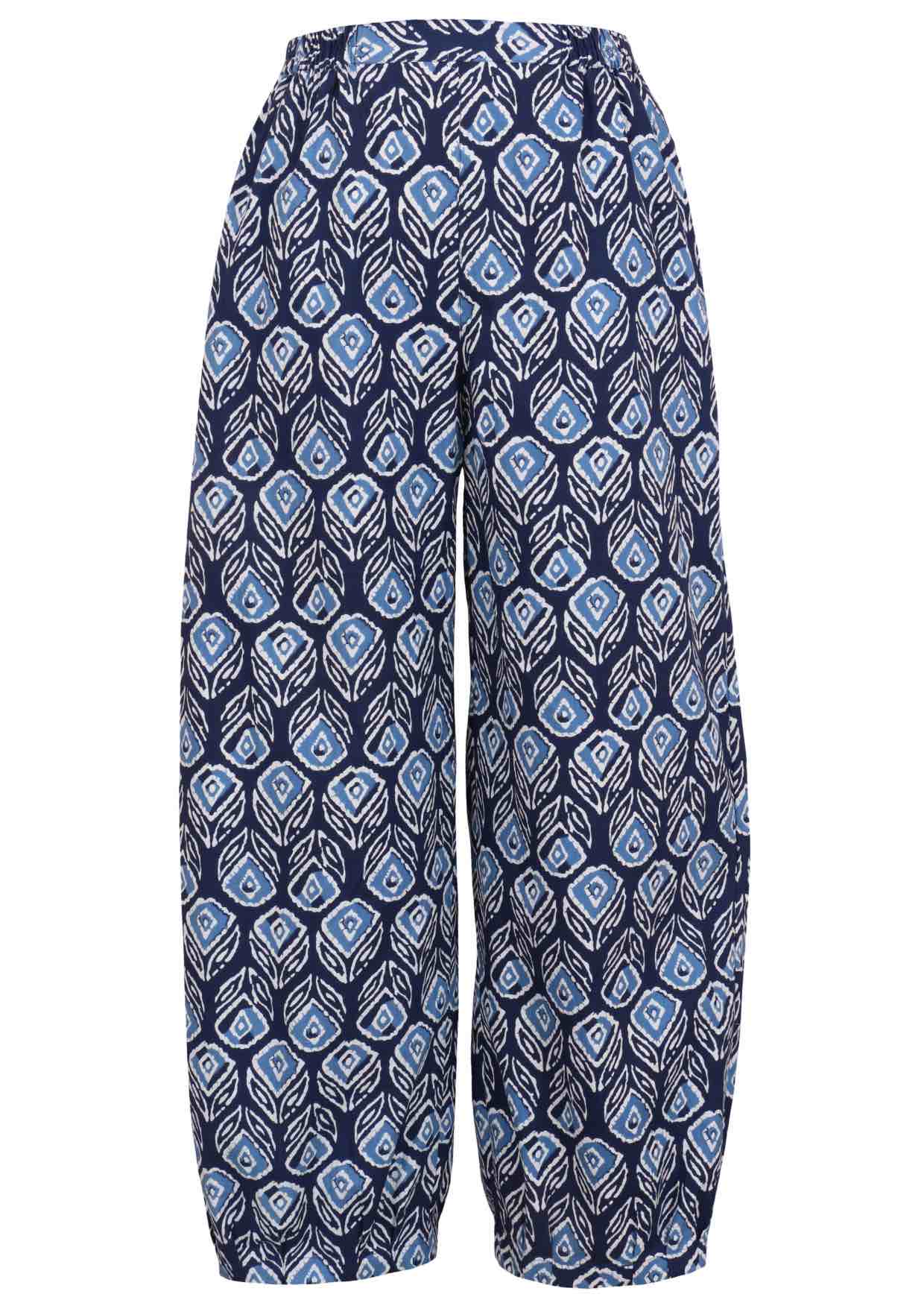 Navy blue based print pants on a white background