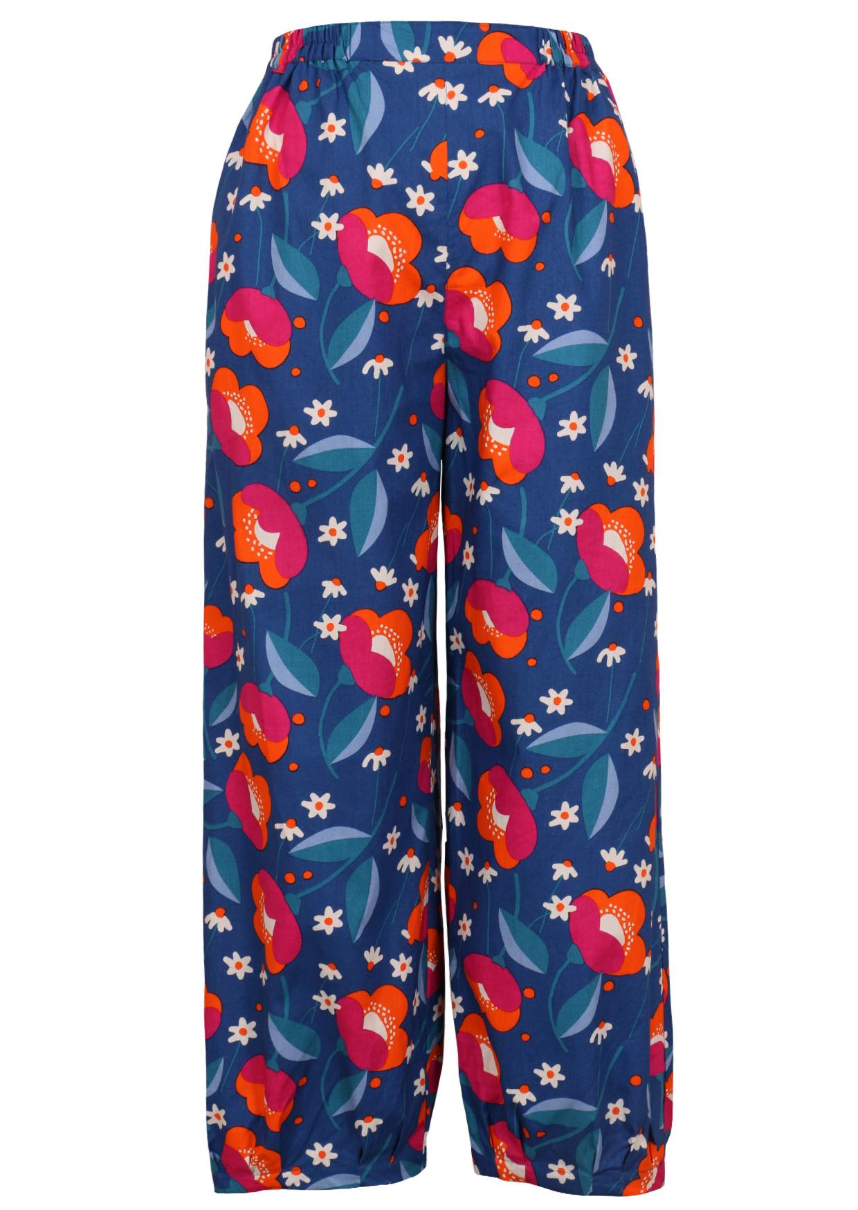 100% cotton boho style wide leg pants with high elasticated waist and pleated ankles