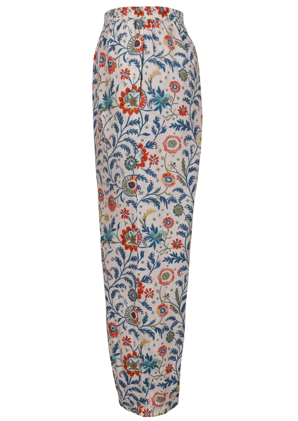 Side view of floral print wide leg cotton pants with pleated ankles, high elastic waist and pockets ghost mannequin image