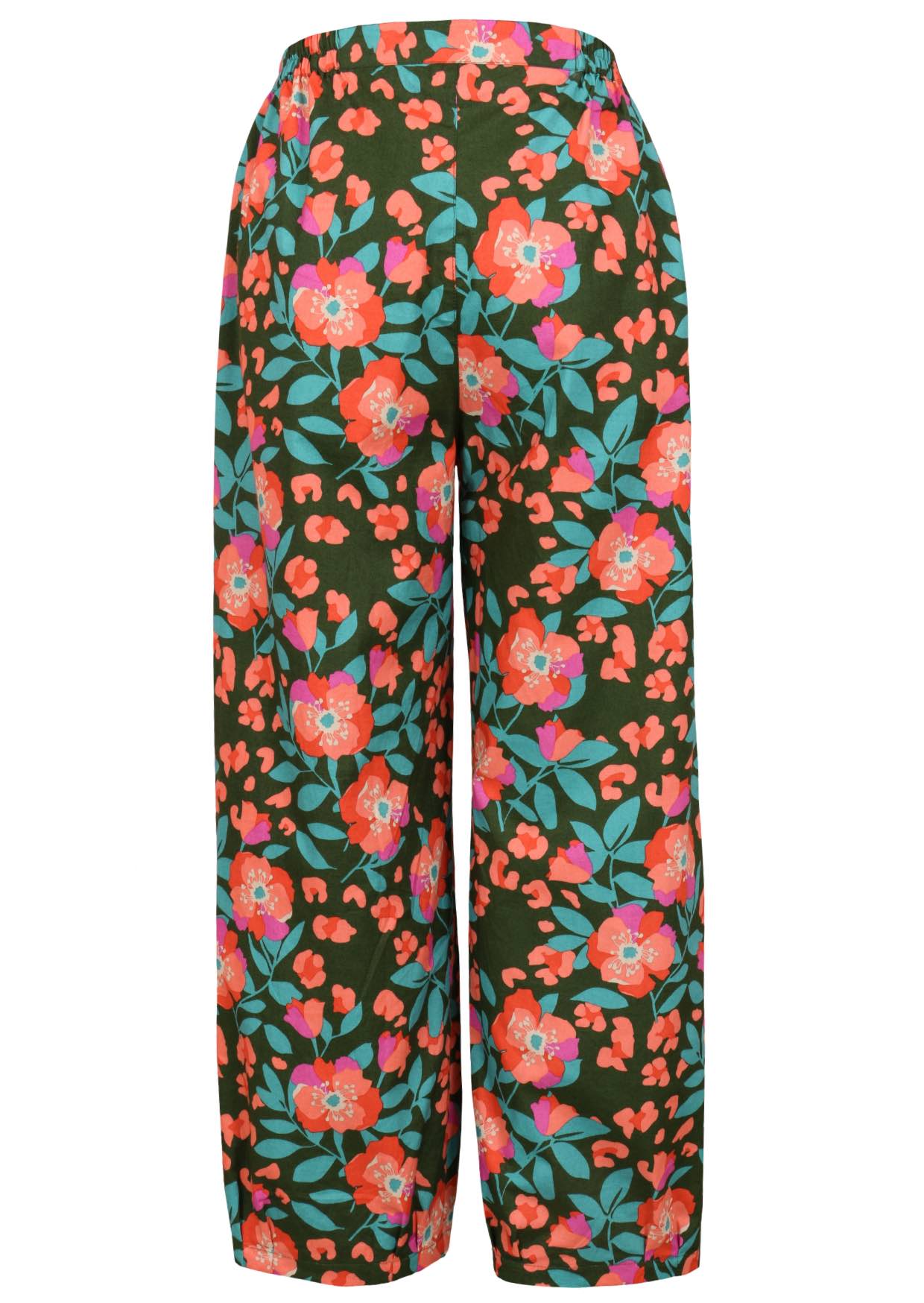 Back view of 100% cotton wide leg pants with elastic waist and pockets in olive green based floral print