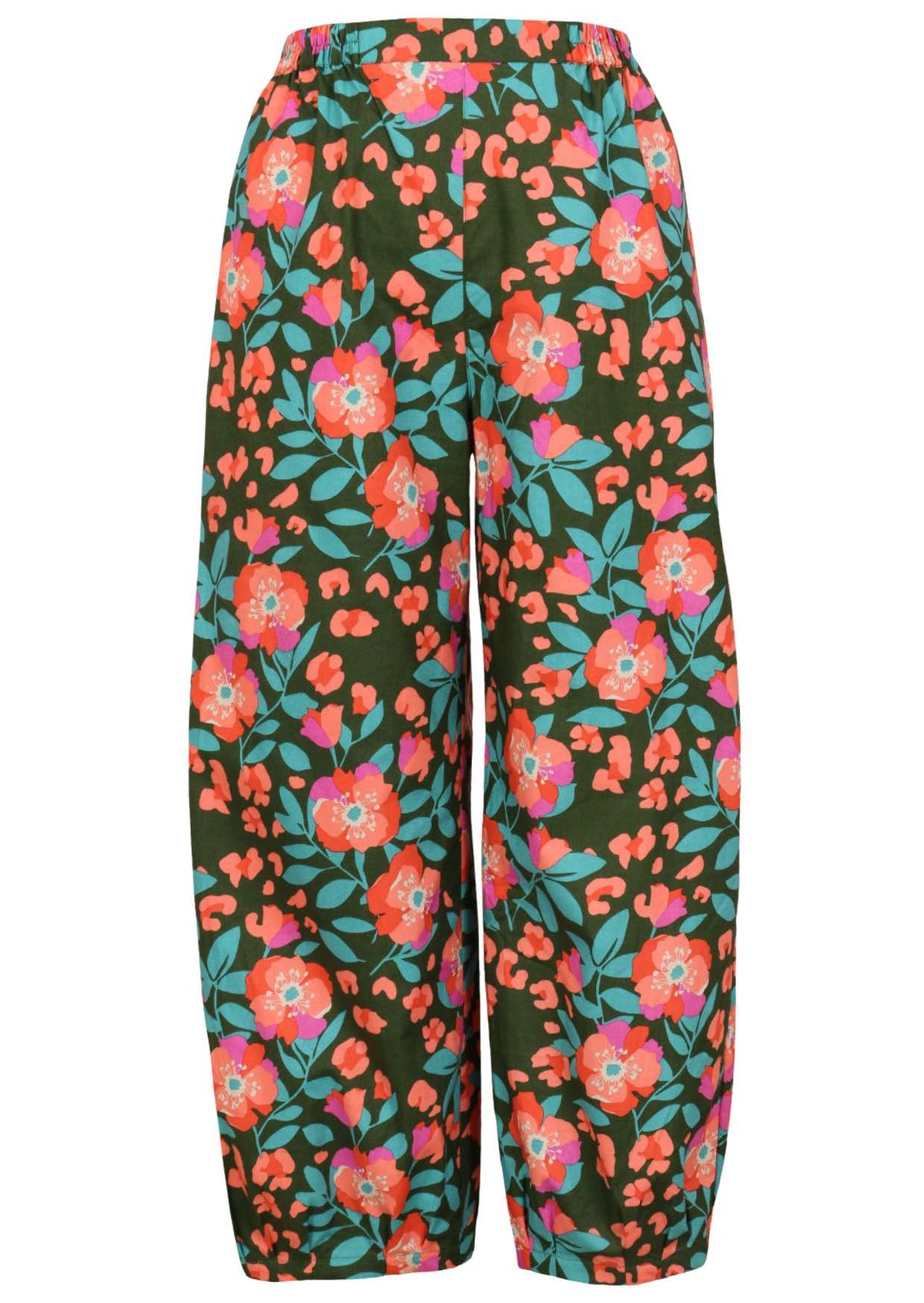 100% cotton boho style wide leg pants with high elasticated waist and pleated ankles