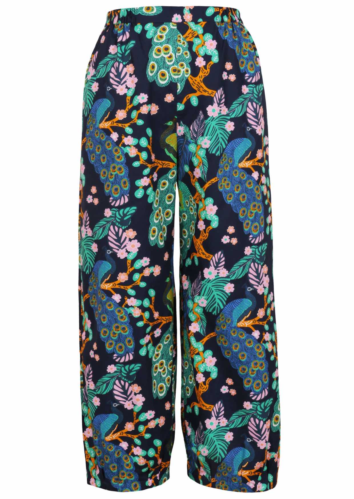 Colorful floral-patterned pants on a white background