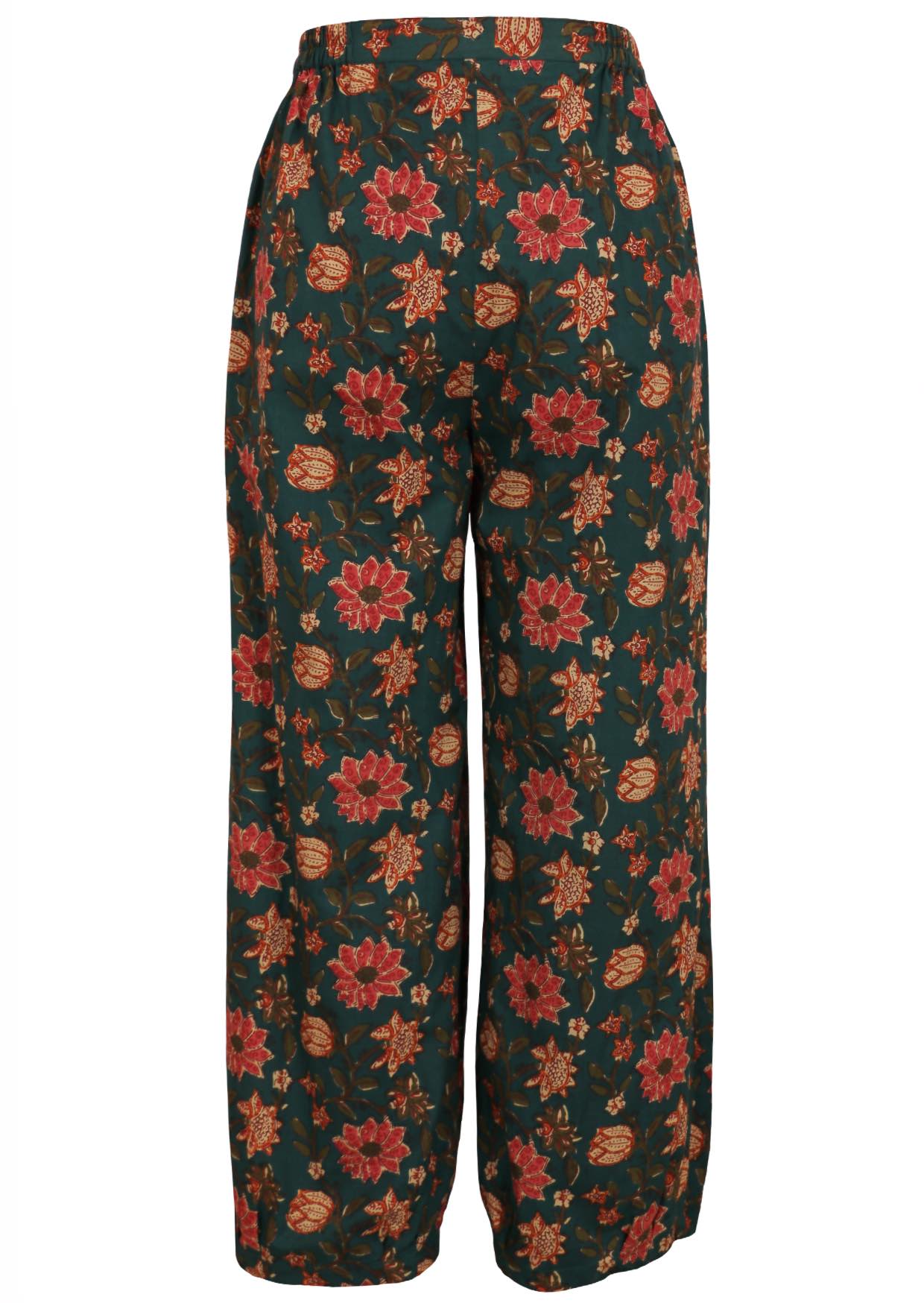 Floral printed, wide leg cotton pants with elasticated waist and pleats at the ankles.