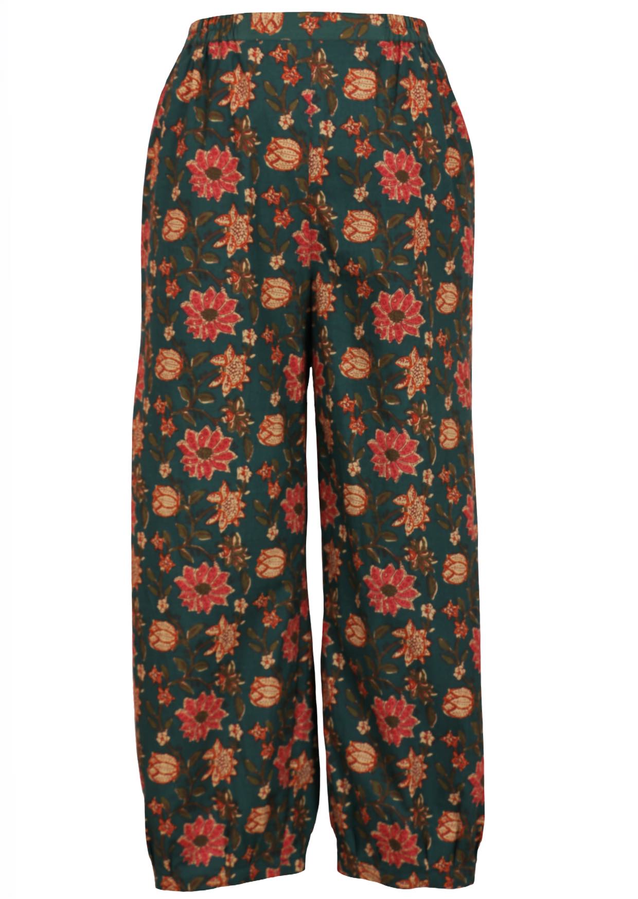100% cotton wide leg pants with elastic waist in pinkish red, cream and orange floral print on dark green base .