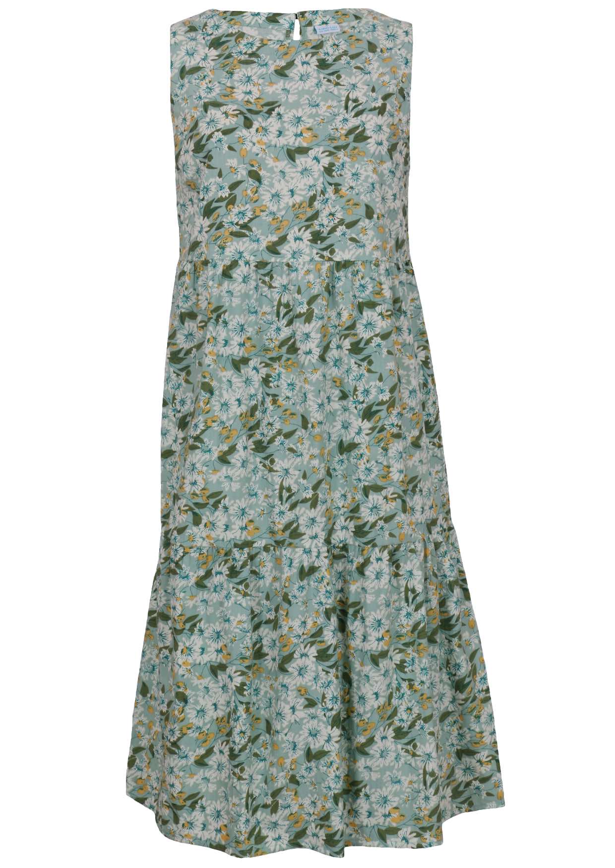 100% cotton sleeveless, relaxed fit midi length dress with pockets, tiered design and high round neckline