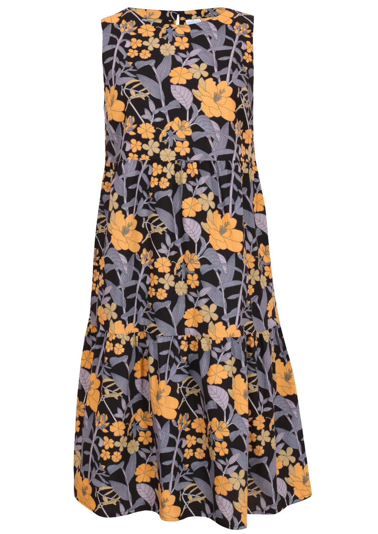 100% cotton sleeveless, relaxed fit midi length dress with pockets, tiered design and high round neckline