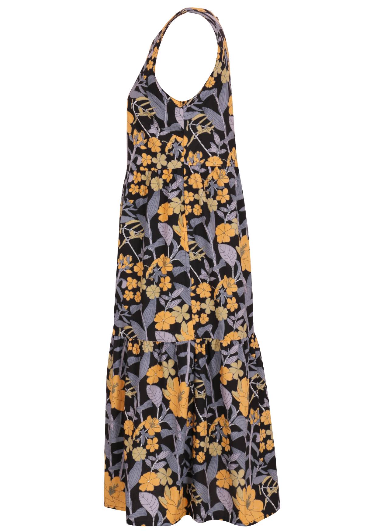 Side view of relaxed fit tiered cotton dress with sleeveless design in black based yellow and grey floral print