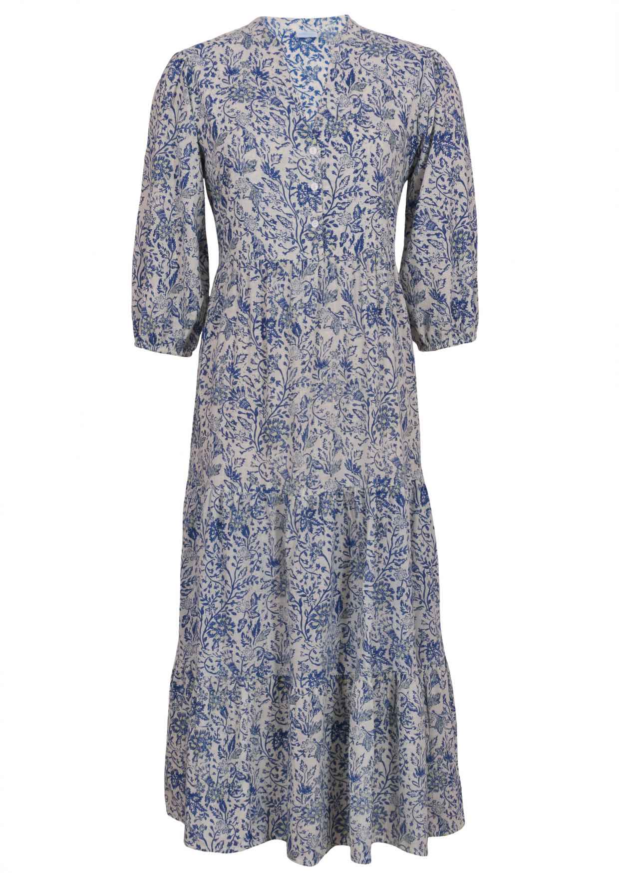 White based blue floral print long cotton dress on a white background.