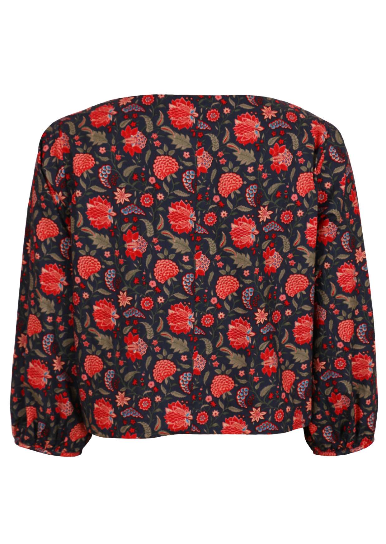 Cotton long sleeve top with boat neckline and bishop sleeves, in red and green floral print on a blue base