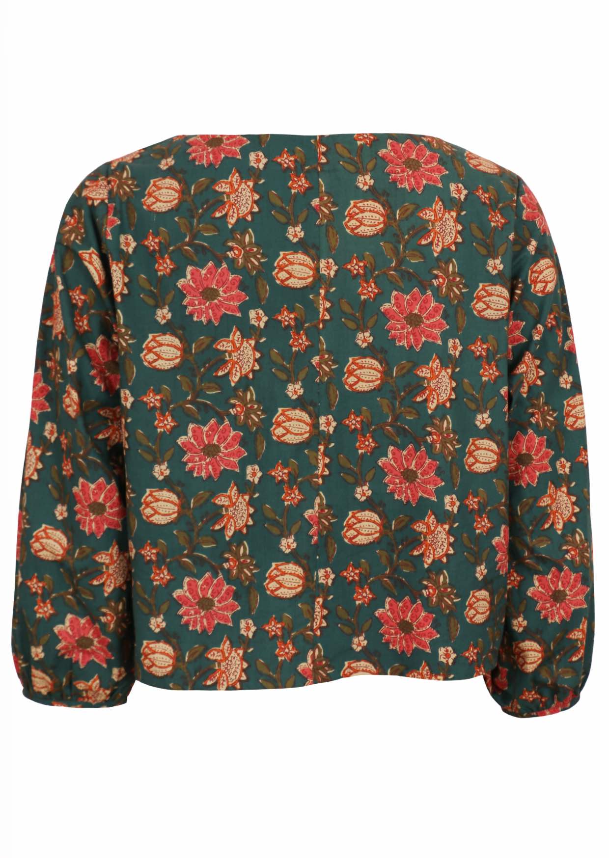 Cotton long sleeve, floral print top in deep green with boat neckline.