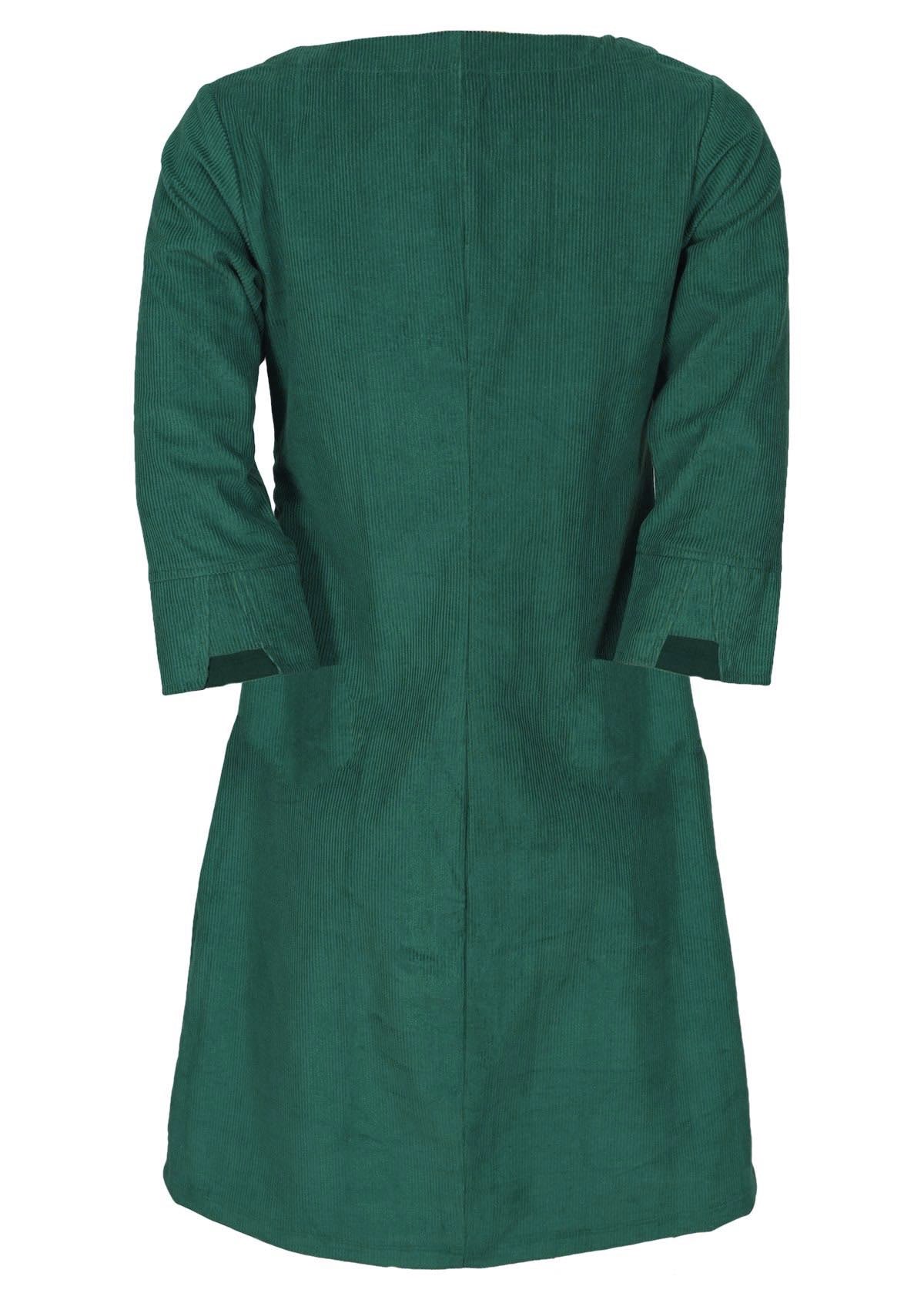 Green corduroy dress features a-line shape.