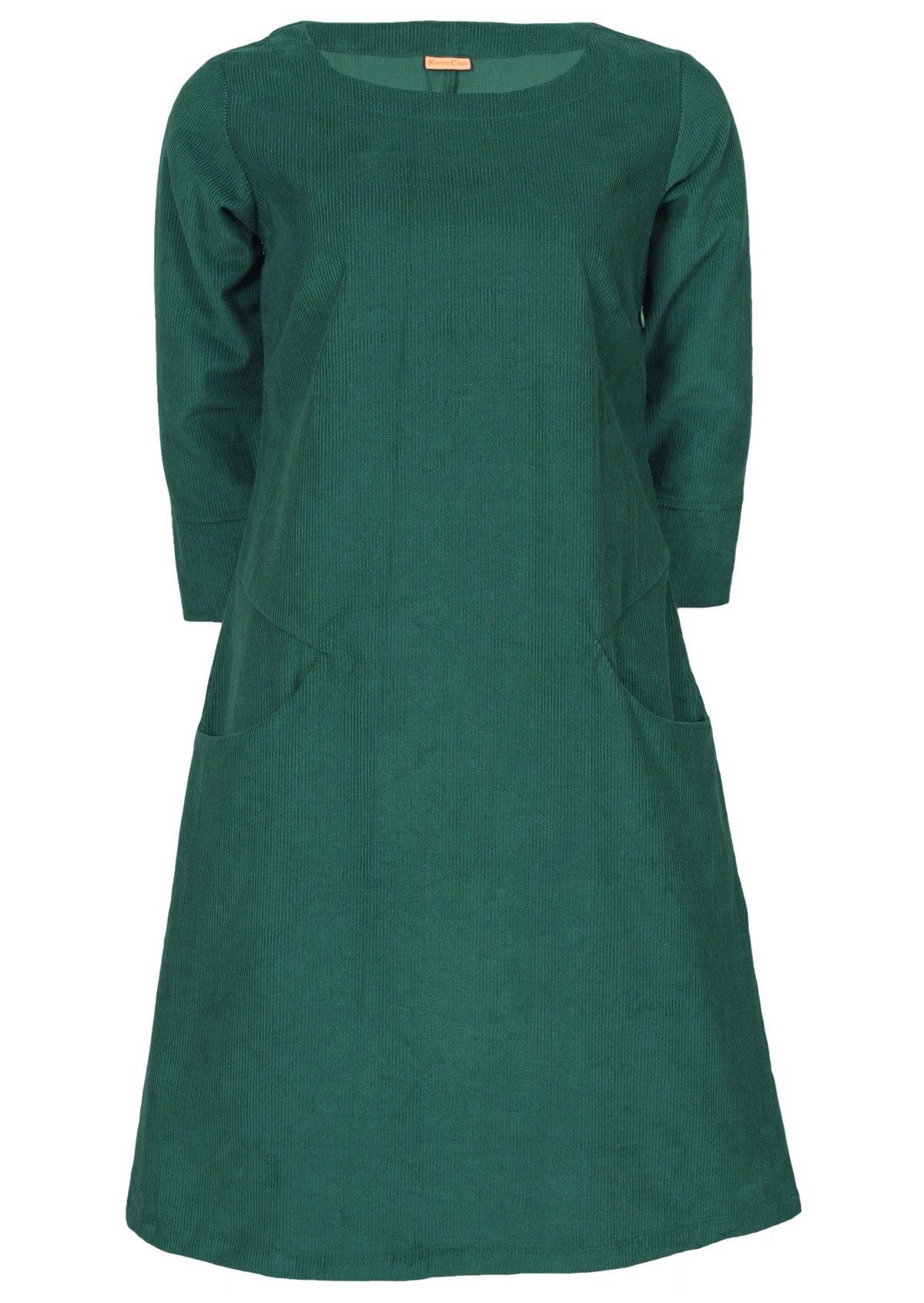 Green 100% cotton corduroy dress has a round neckline.