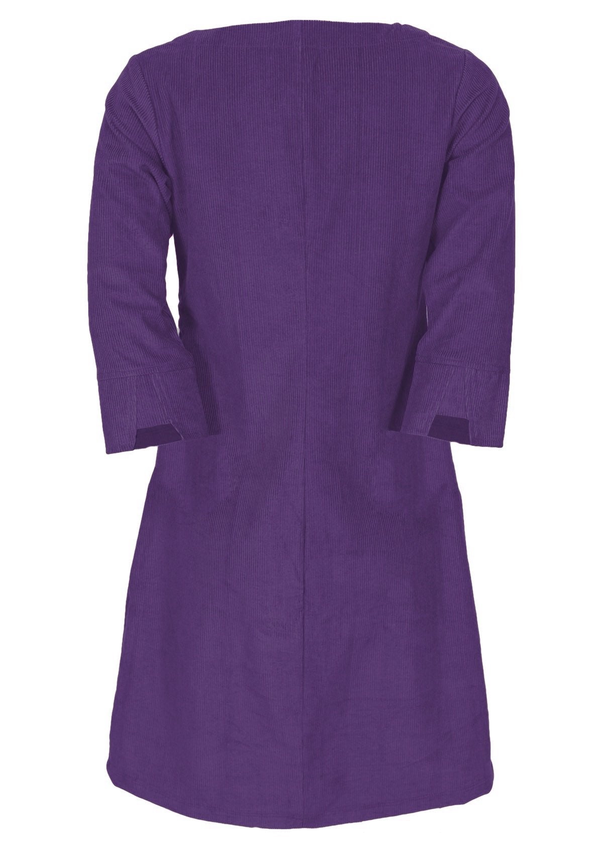 Purple corduroy dress has pockets and detailed cuffs.