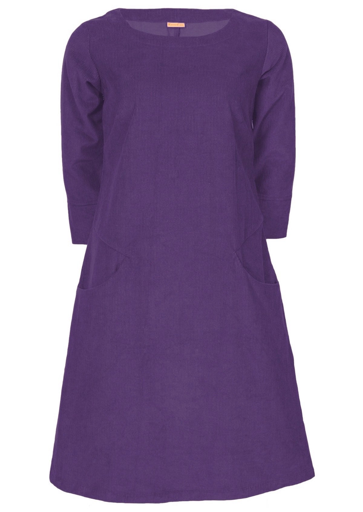 Bold purple 100% cotton corduroy dress with an a-line skirt.