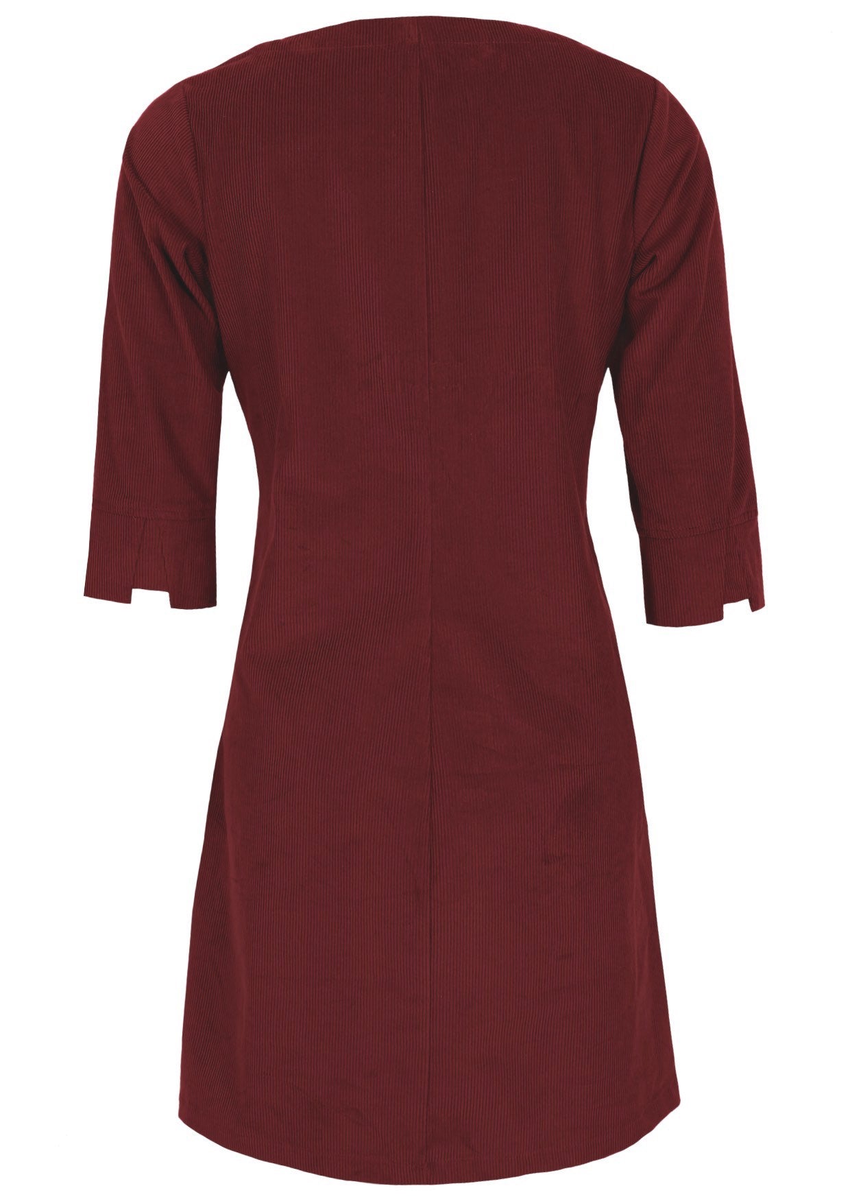 Back view of cabernet red cotton corduroy women's dress with 3/4 sleeves with cuff details