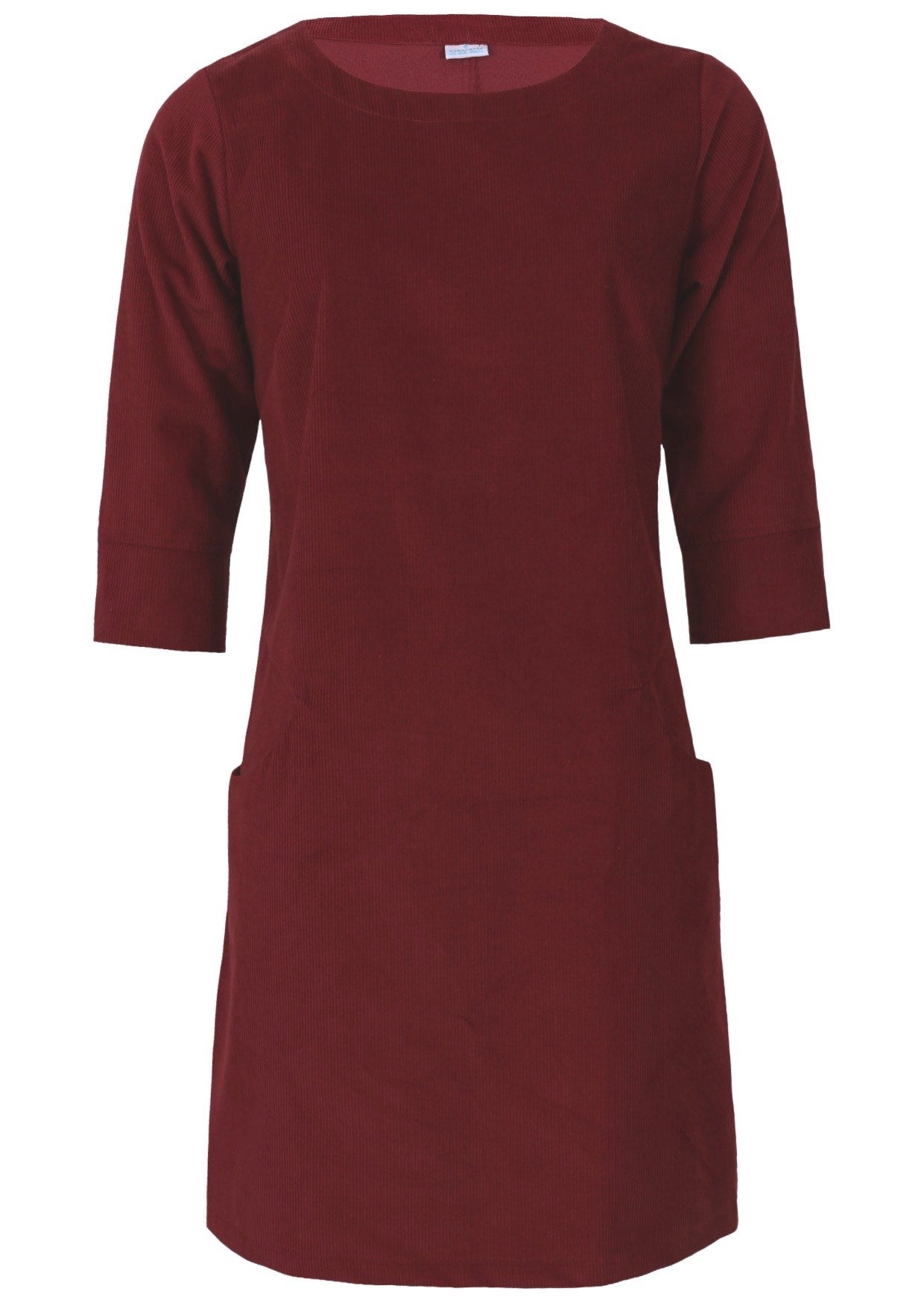 Cabernet red cotton corduroy women's dress with 3/4 sleeves and pockets
