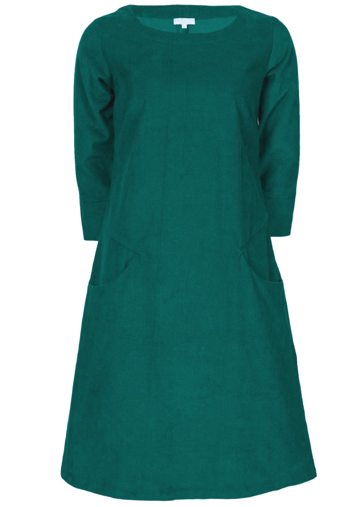 Teal corduroy A-line dress with 3/4 sleeves and pockets