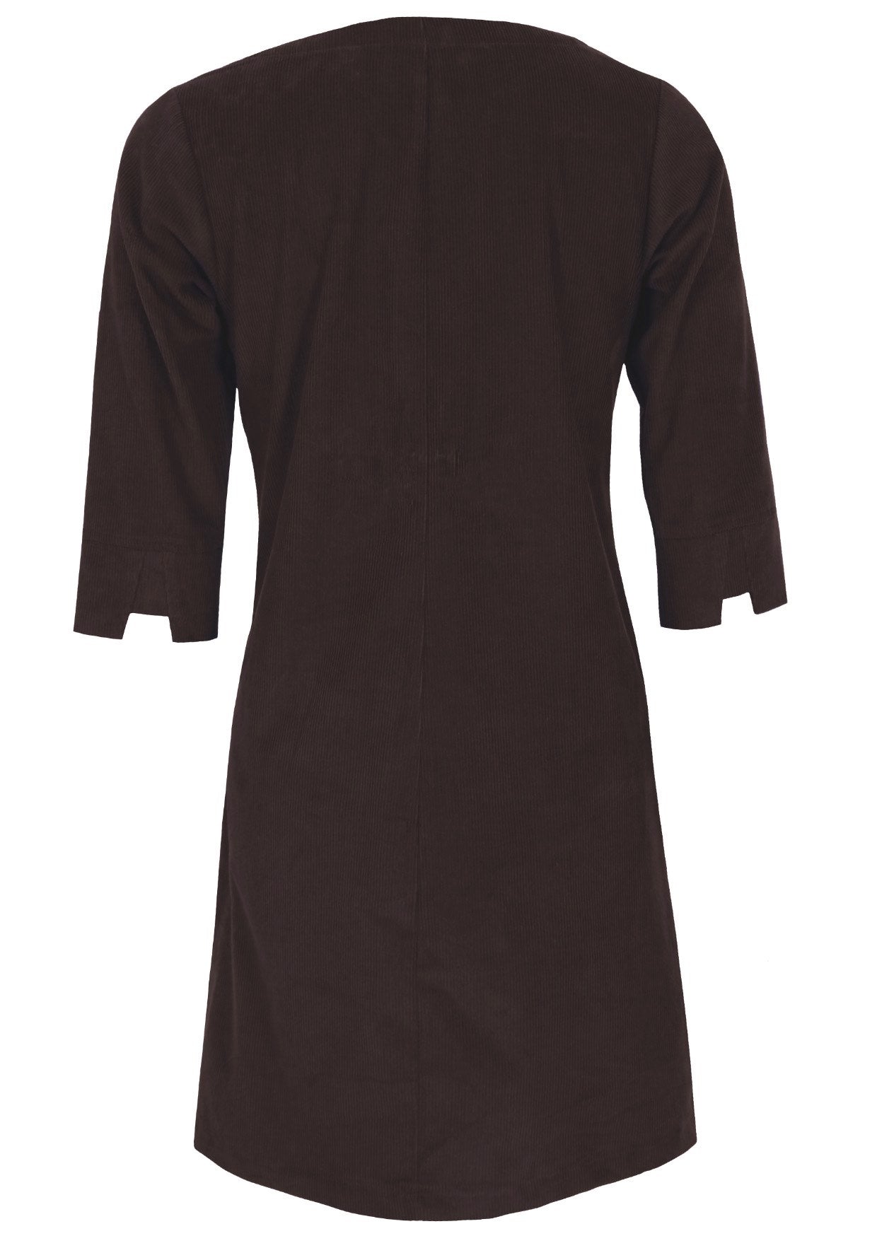 Back vioew of chocolate brown cotton corduroy dress with 3/4 sleeves with cuff detail