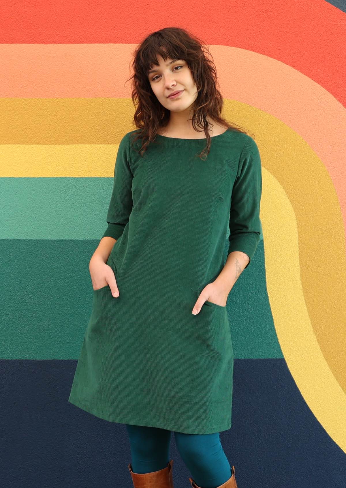 Green cotton corduroy 3/4 sleeve dress with wide round neckline