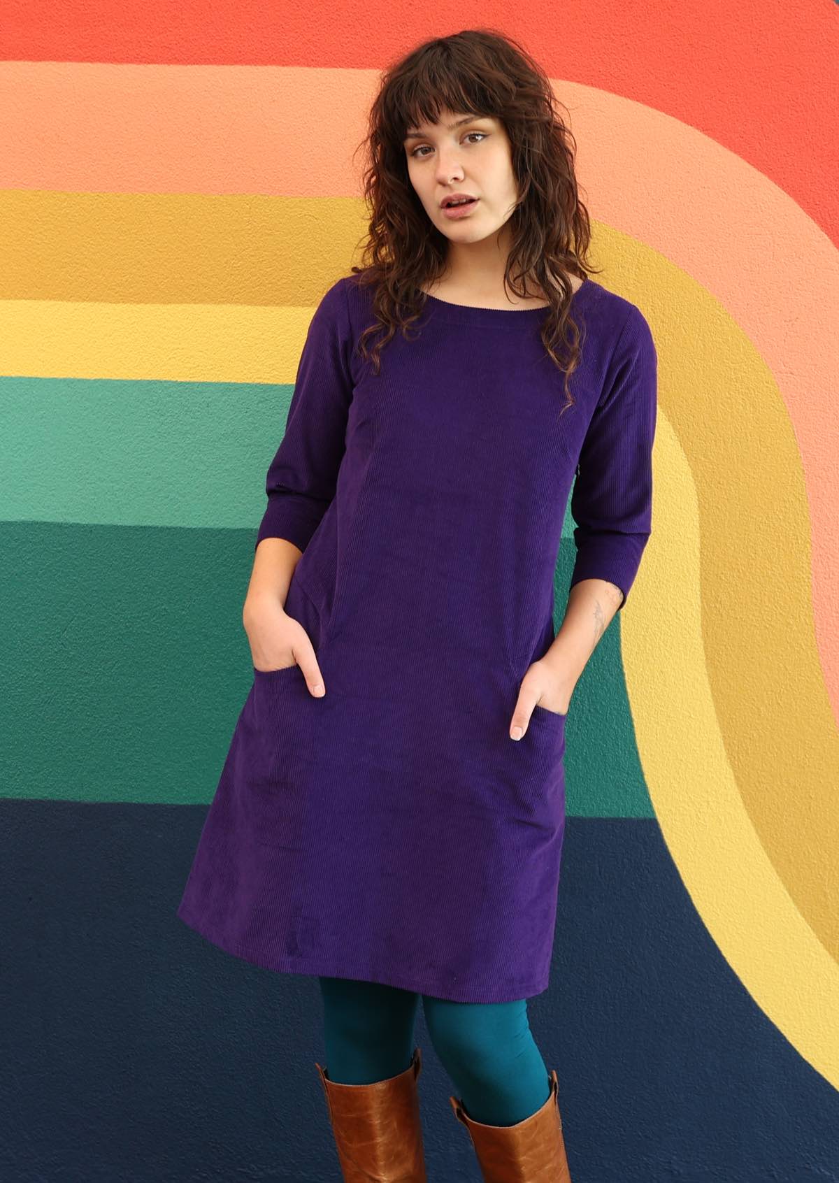 A-line corduroy dress with wide round neckline