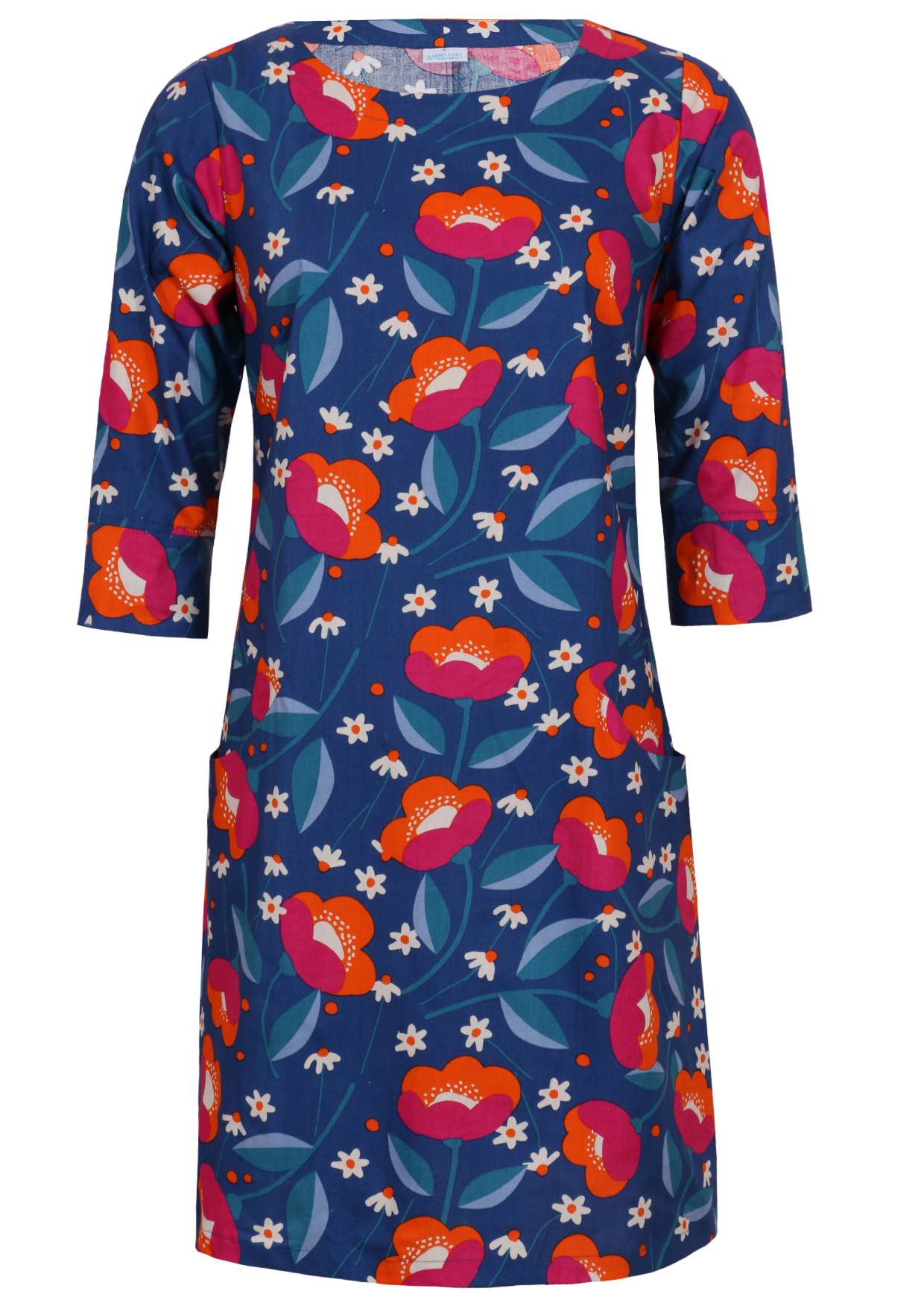Navy based floral print cotton knee length dress with 3/4 sleeves, round neckline and pockets