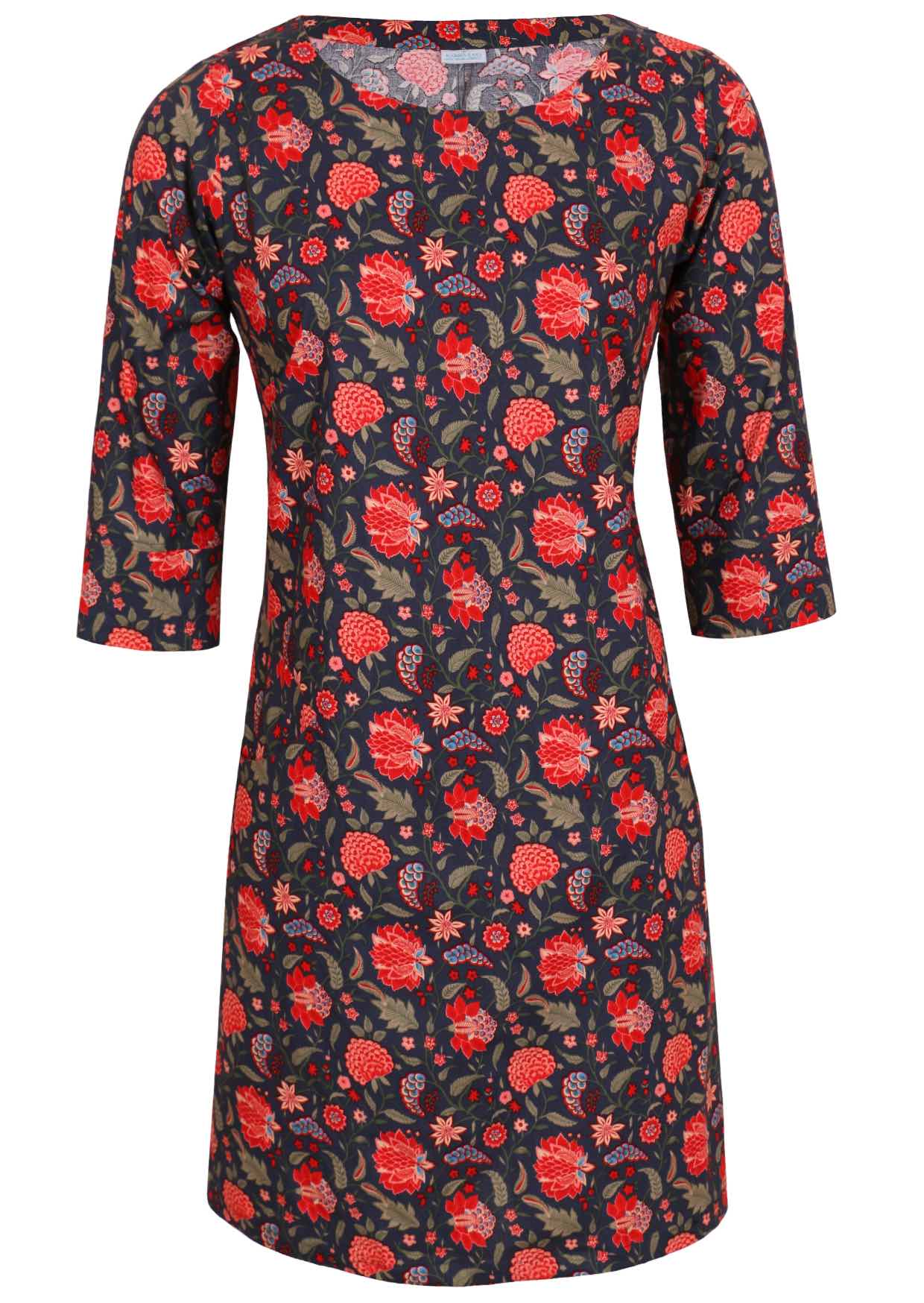 100% cotton dress with 3/4 sleeves and high round neckline front view