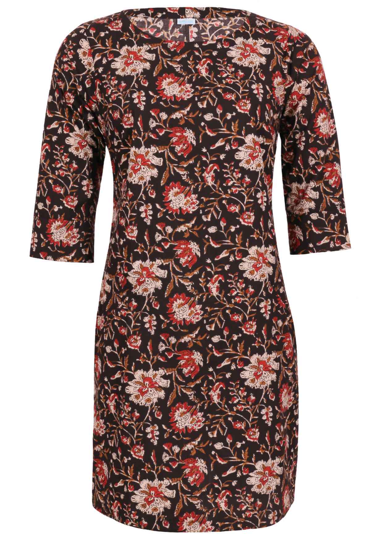 Black based floral print cotton knee length dress with 3/4 sleeves, round neckline and pockets