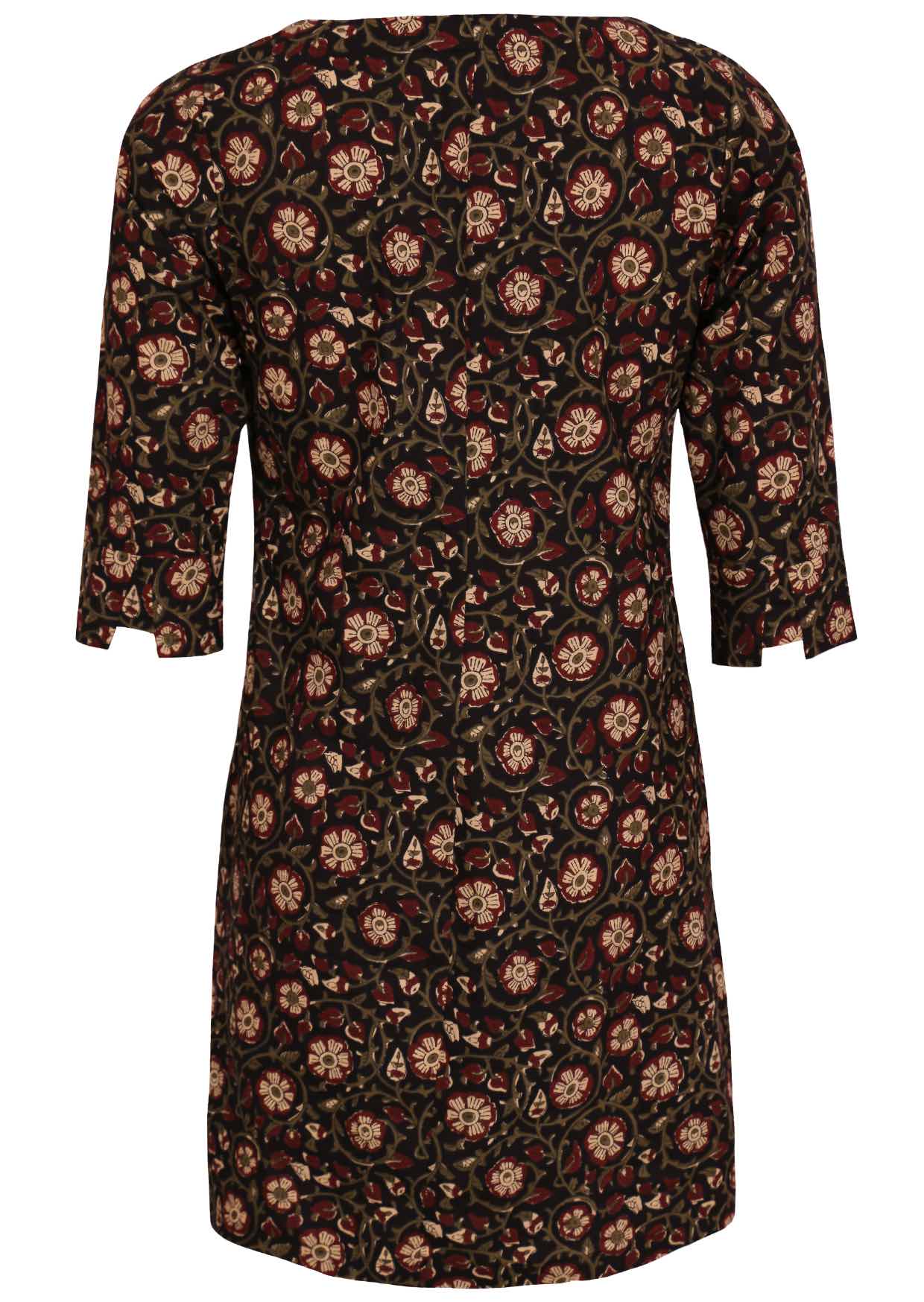 Back image of 100% cotton dress with designer cuffed 3/4 sleeves and pockets.