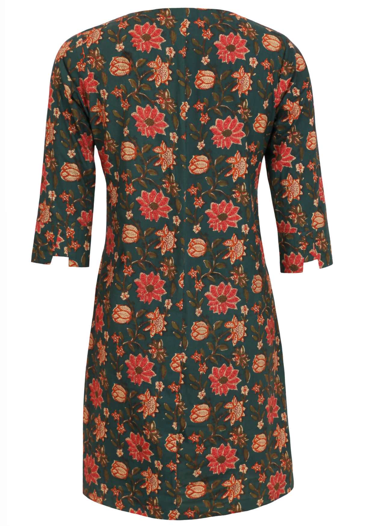 Deep green based floral print dress with A-line fit featuring 3/4 sleeves with cuffed details.
