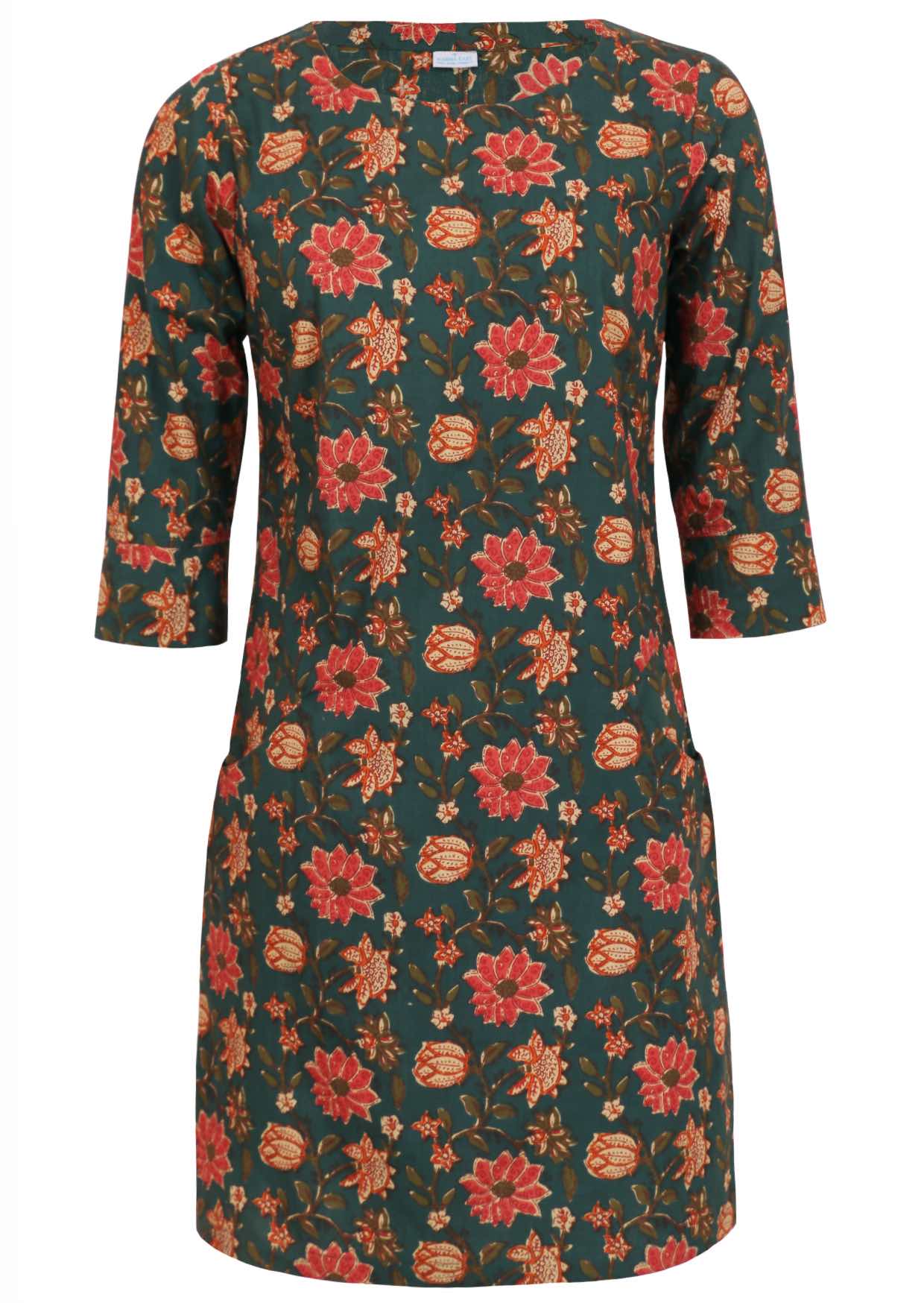 100% cotton knee length dress with A-line fit and 3/4 sleeves.