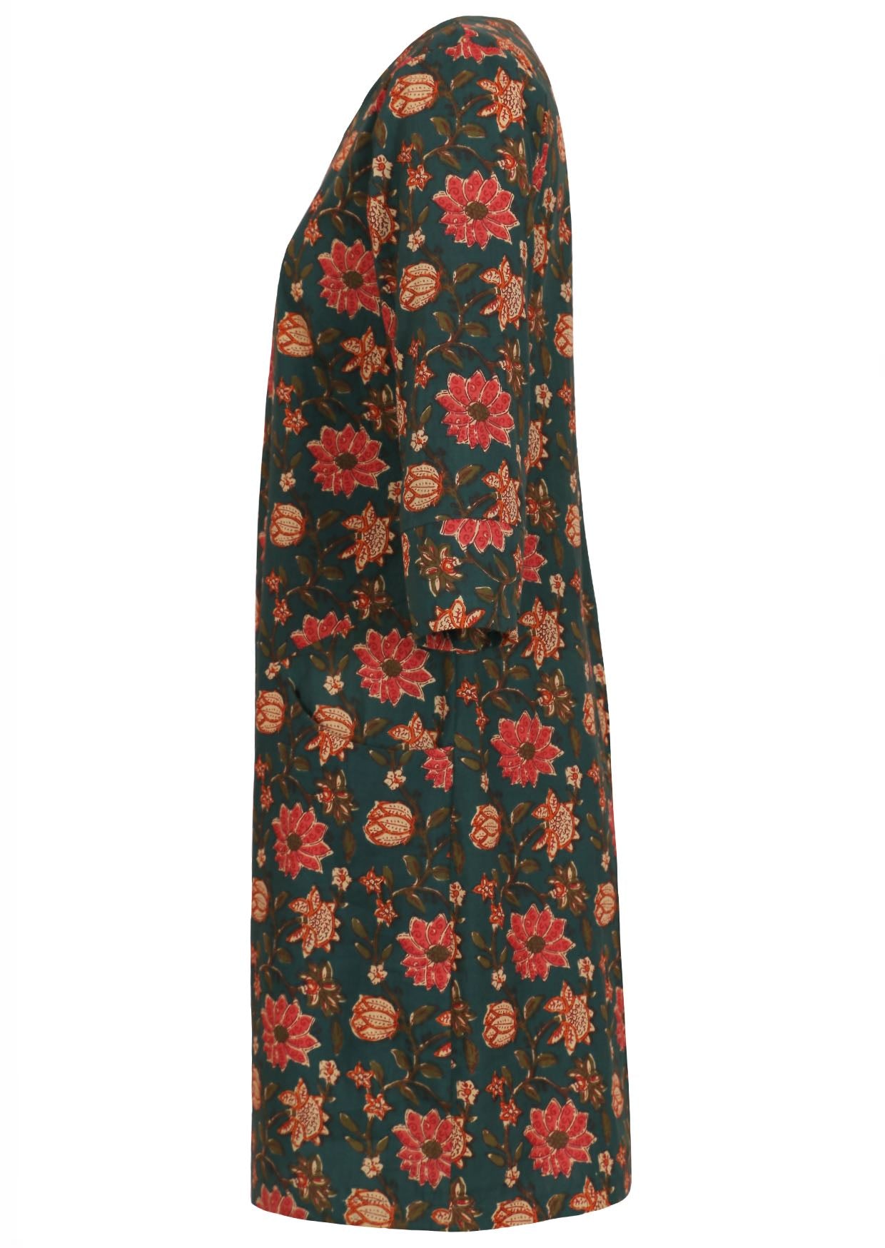 Side view of cotton knee length dress with 3/4 sleeves and pockets in beautiful pink floral print on deep green base.