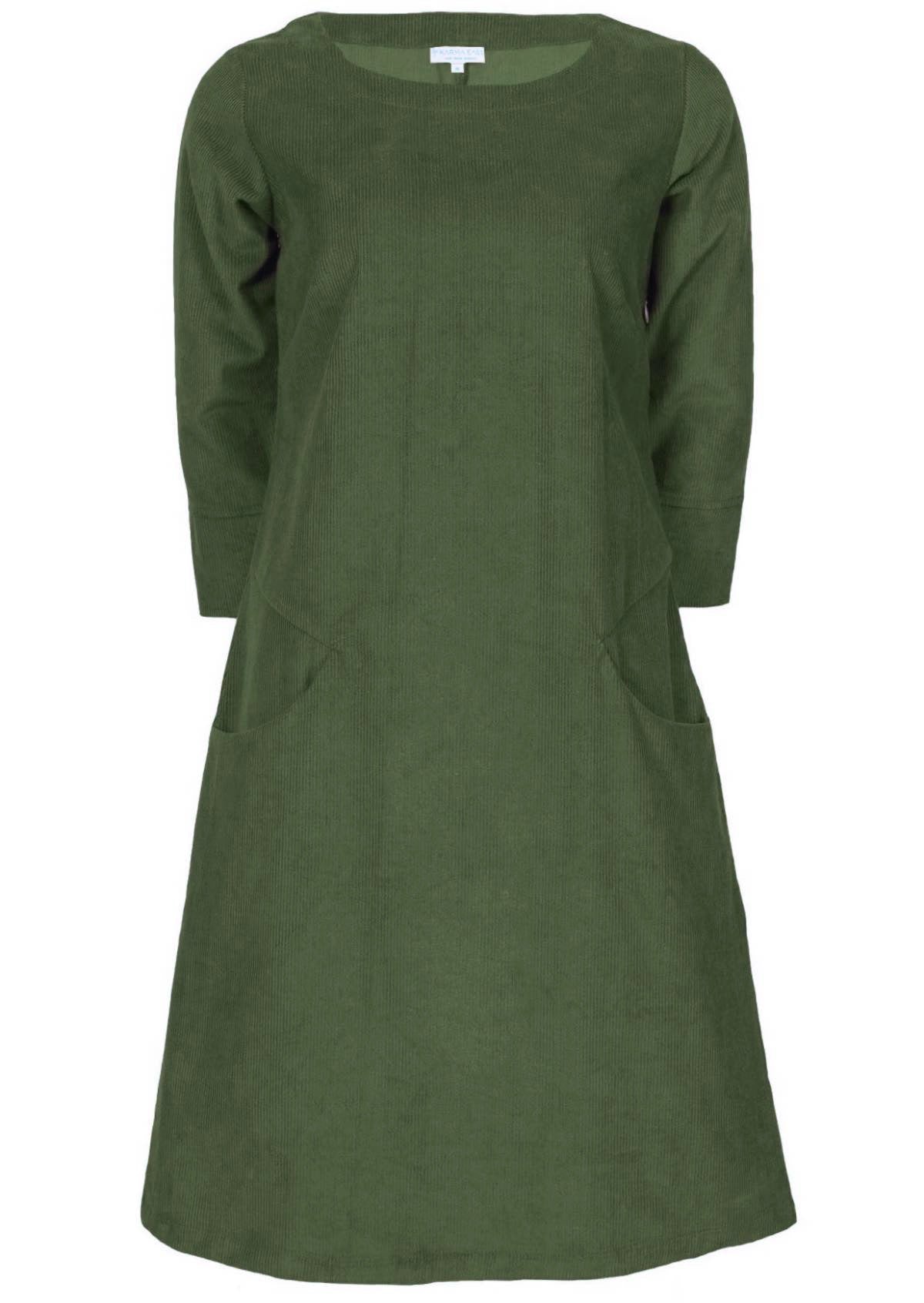 photo of green corduroy A-line dress with 3/4 sleeves and pockets