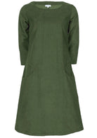 photo of green corduroy A-line dress with 3/4 sleeves and pockets