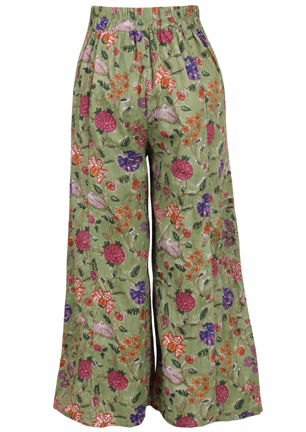Green based multi-coloured floral print cotton pant with elasticated back waistband.