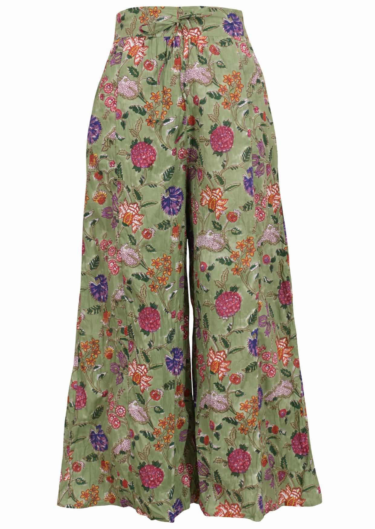 Green based multi-coloured floral print cotton pant with front drawstring.