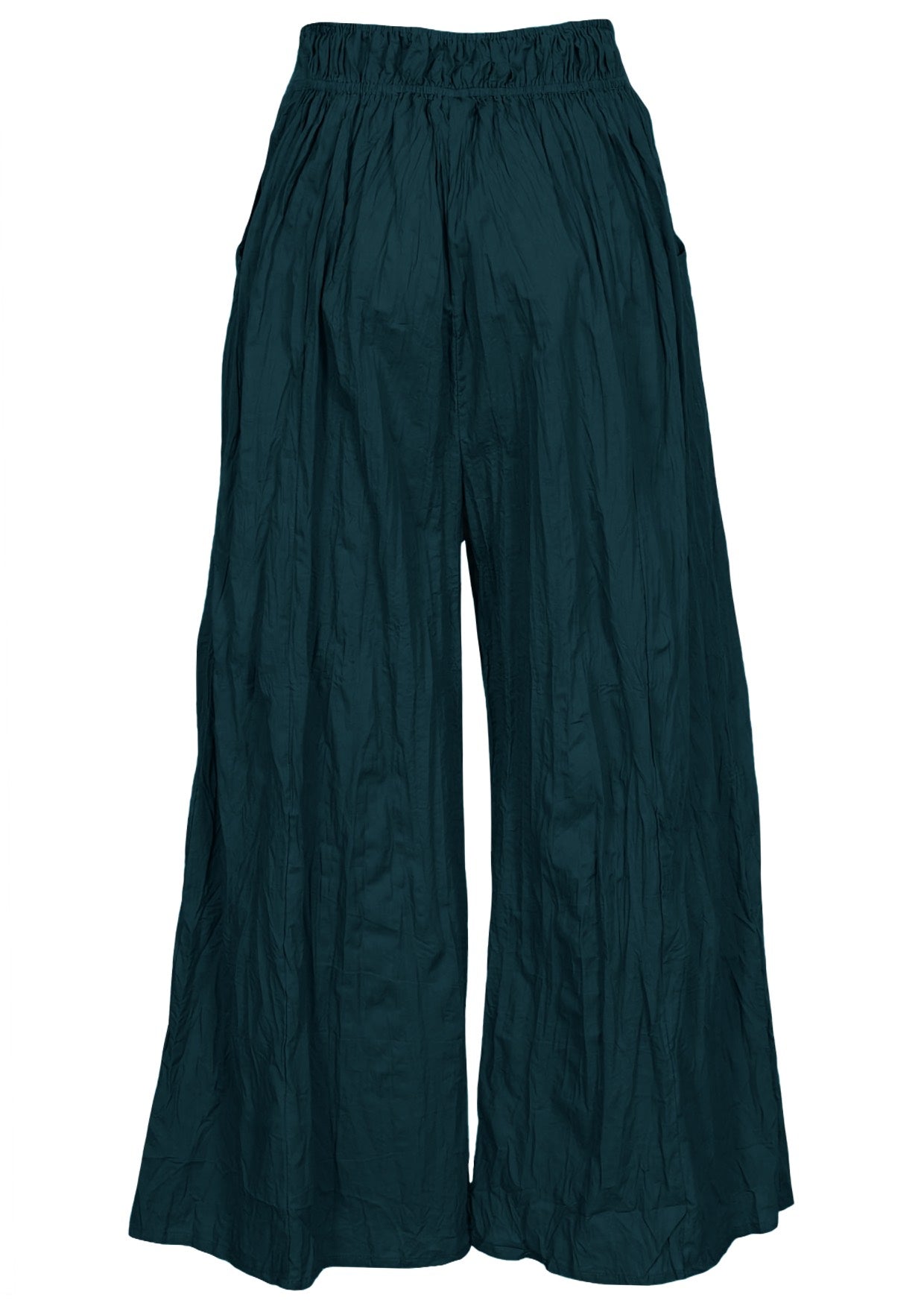 Deep teal cotton pants with wide leg fit, elasticated back waist and pockets