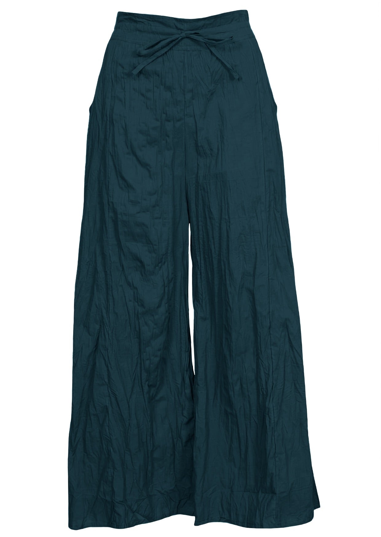100% cotton wide leg pants in deep teal with elasticated back waist, pockets and drawstring tie