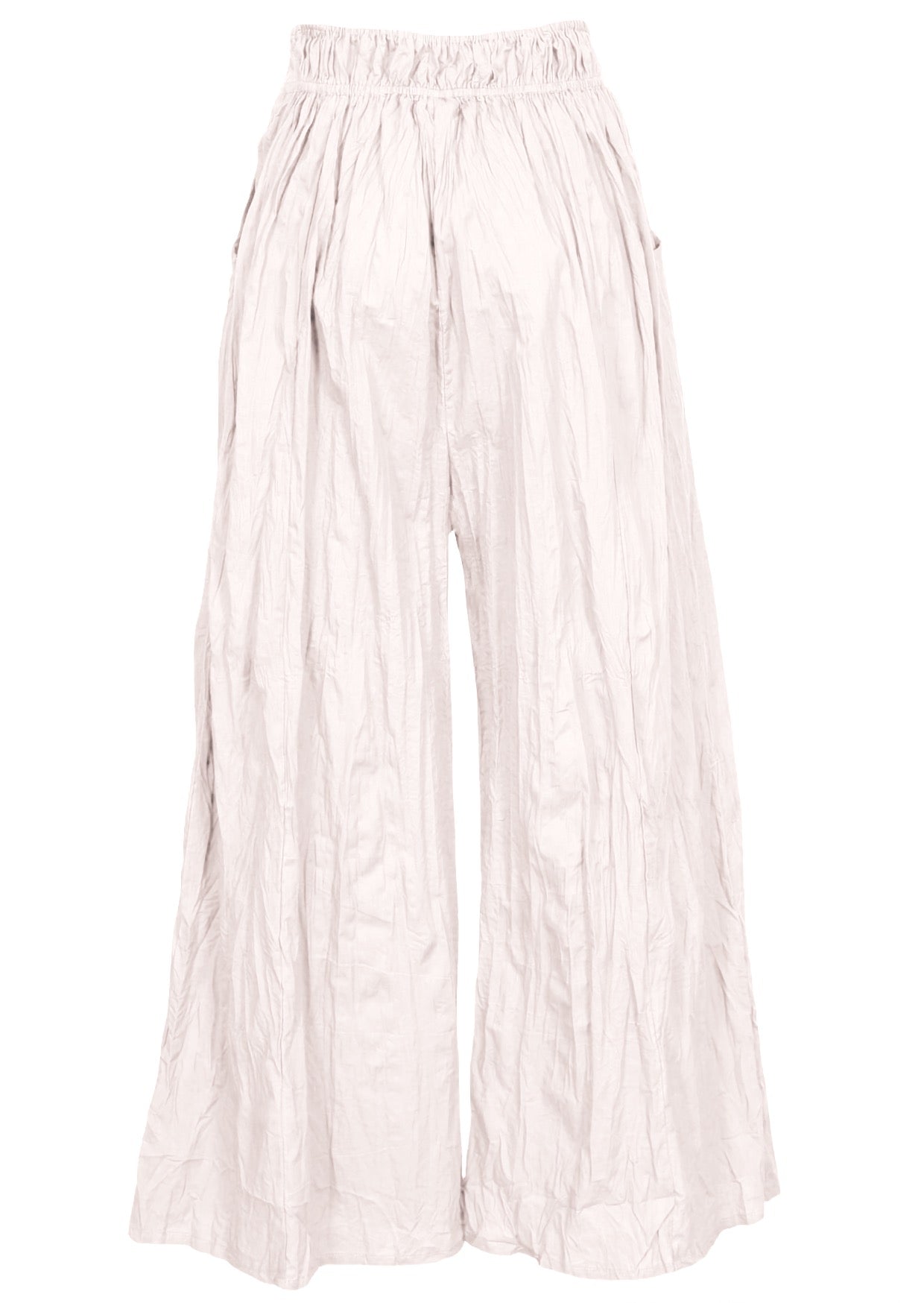 Back view of cotton wide leg pants in natural white with elasticated waist and pockets