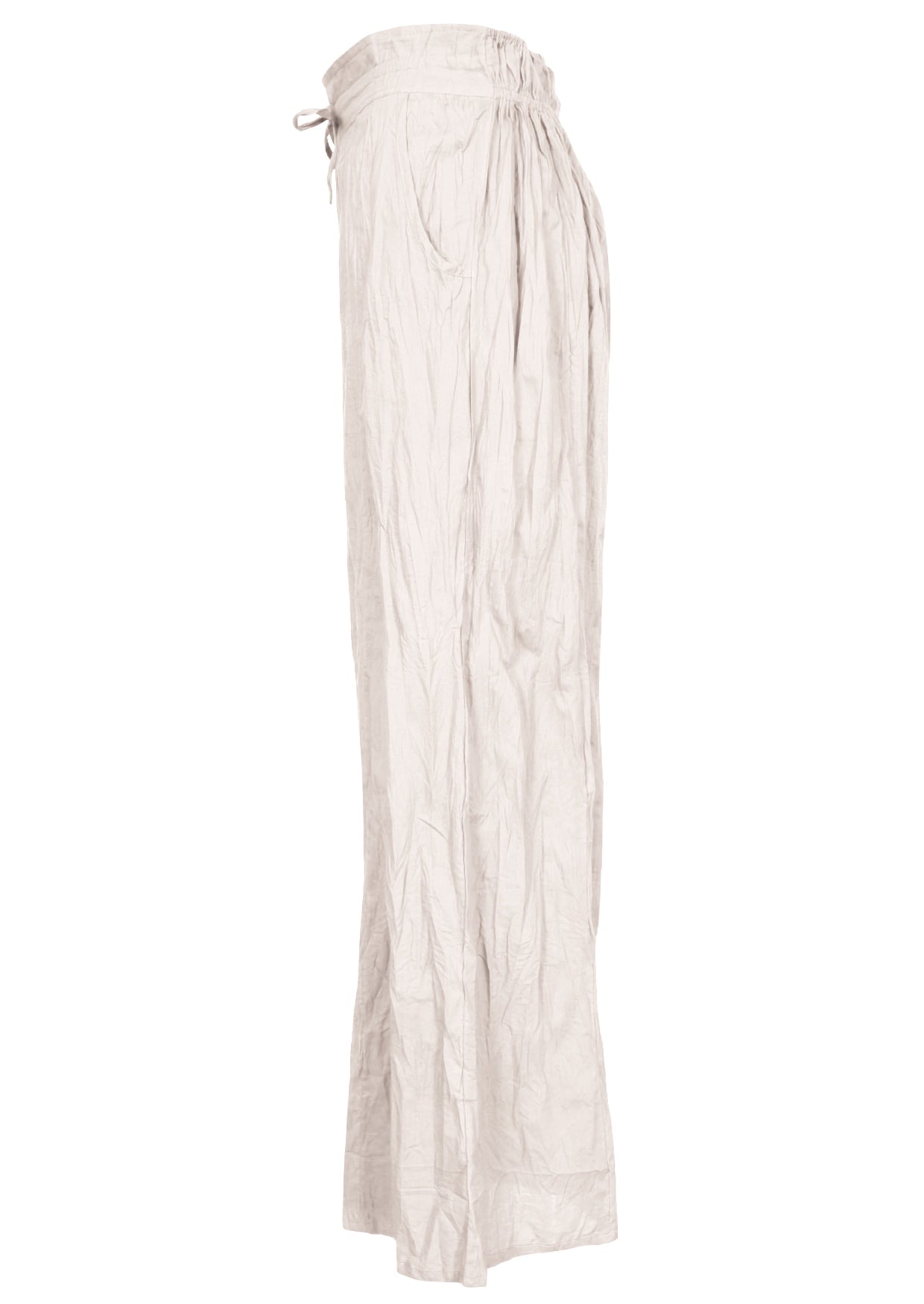 Natural white 100% cotton wide-leg pants with elastic back waist and pockets.