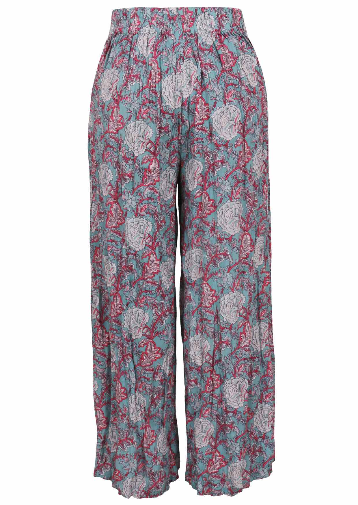 Blue based pink and white floral print rayon pant with elasticated back waistband.