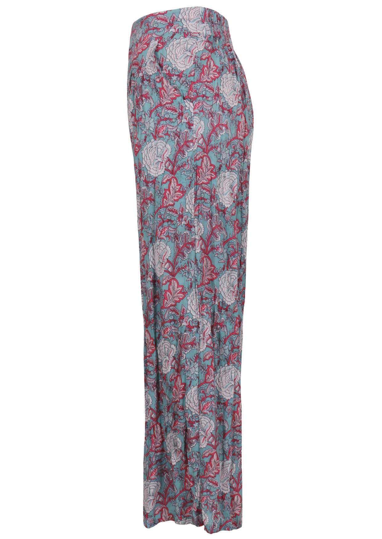 Blue based pink and white floral print rayon pant with pockets.