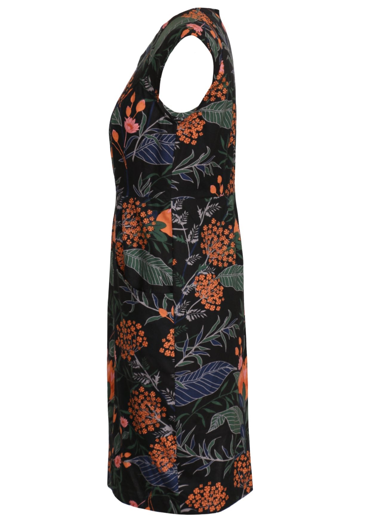Black based botanical print cotton dress with high round neck, raglan cap sleeves and pockets side view