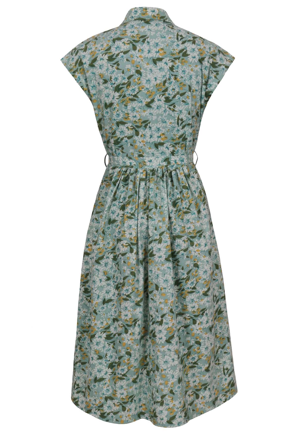 Back view of sage green based floral print cotton cap sleeves dress.