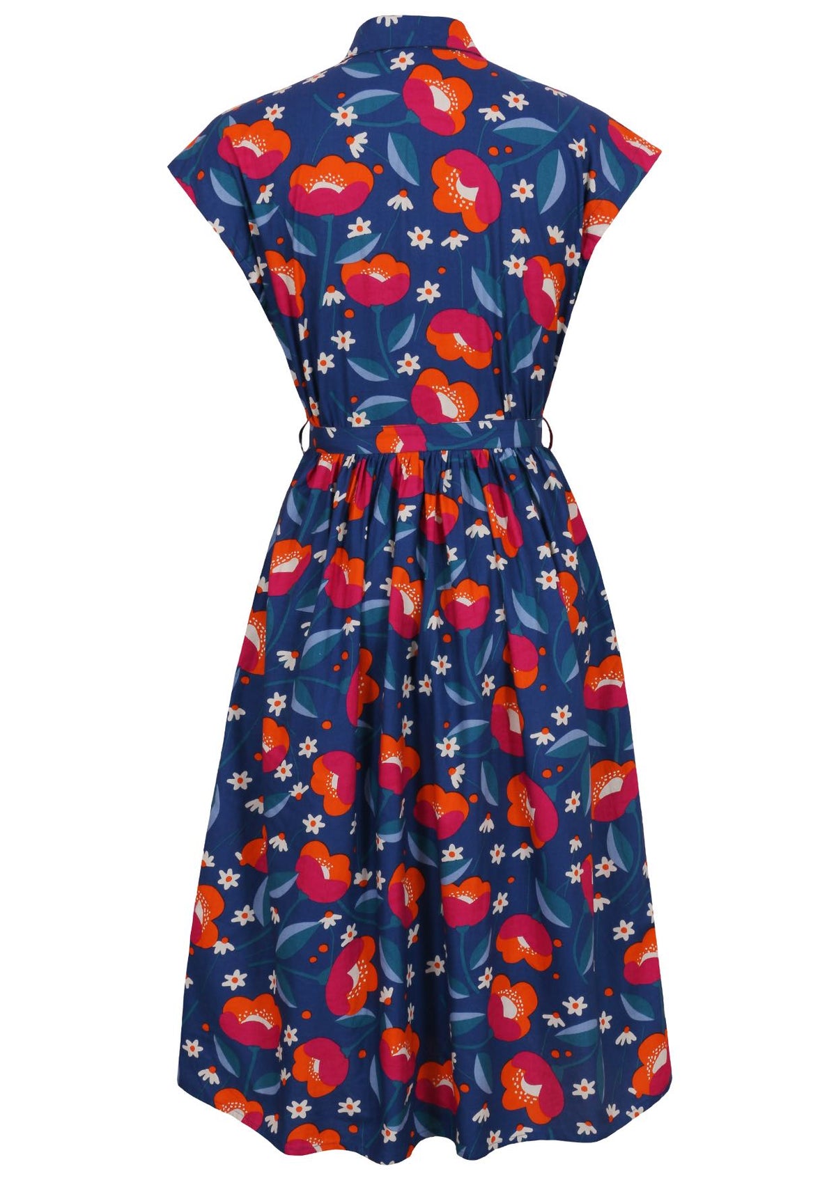 Back view of navy based floral print cotton cap sleeves dress.