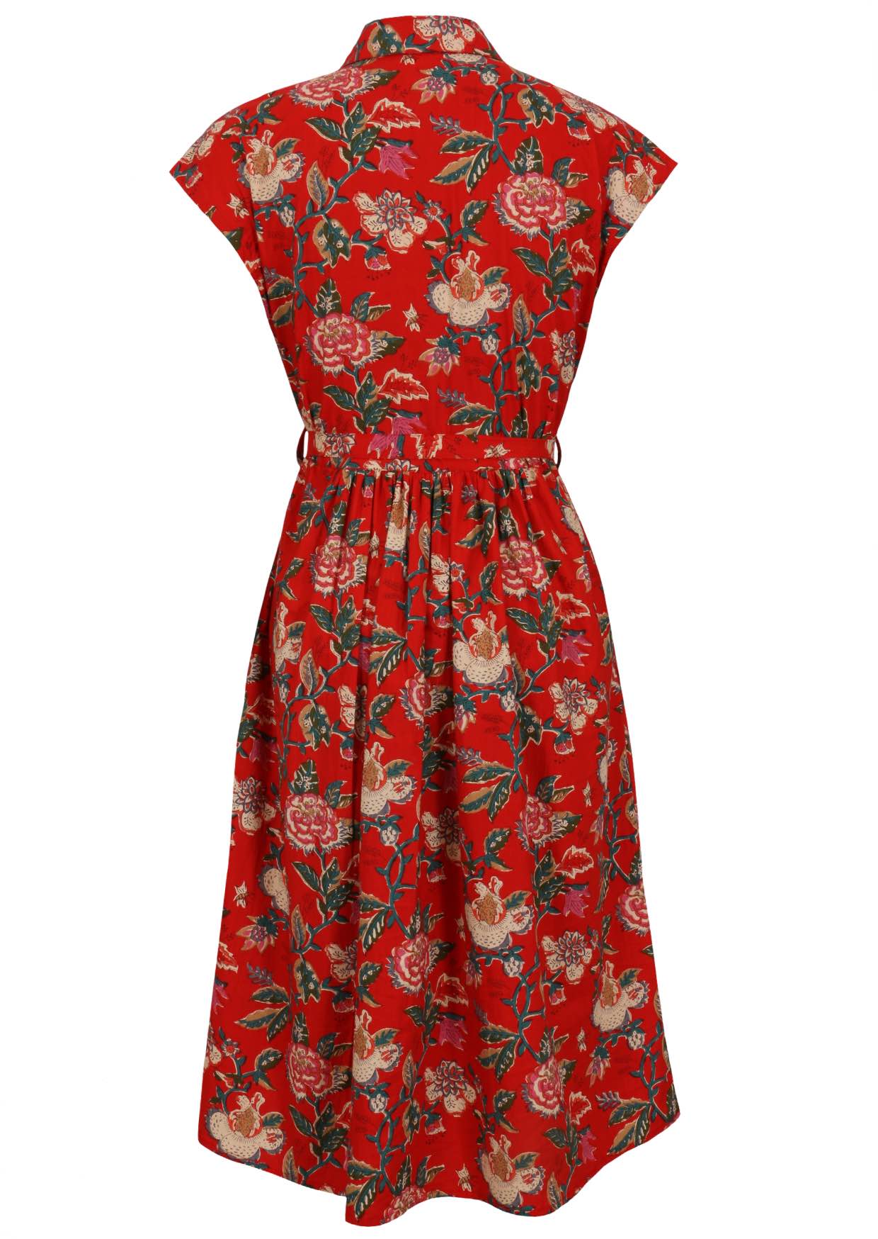Back view of red based floral print cotton cap sleeves dress.