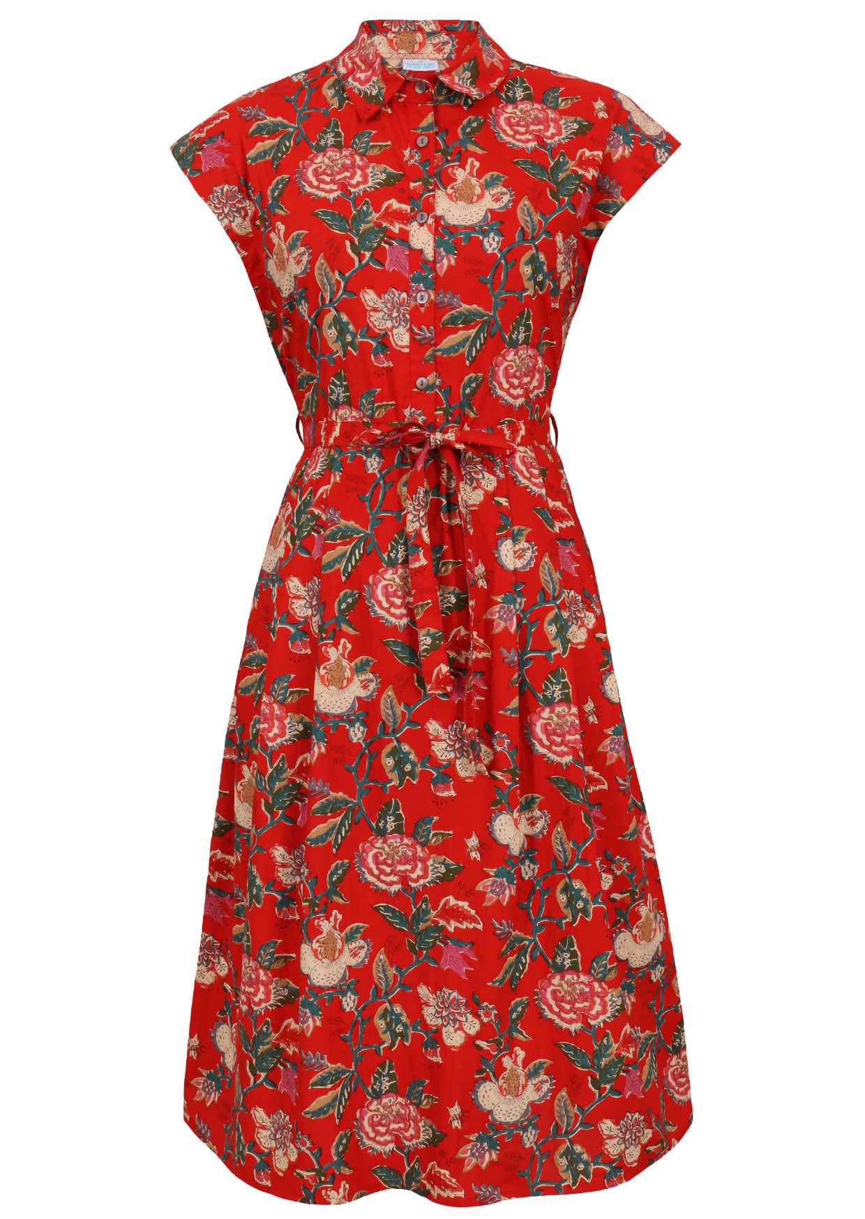 Red based floral print cotton dress with removable waist tie.