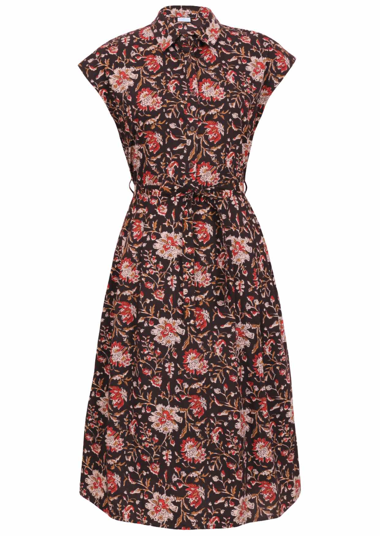 Black based traditional Indian floral print cotton dress with removable waist tie.