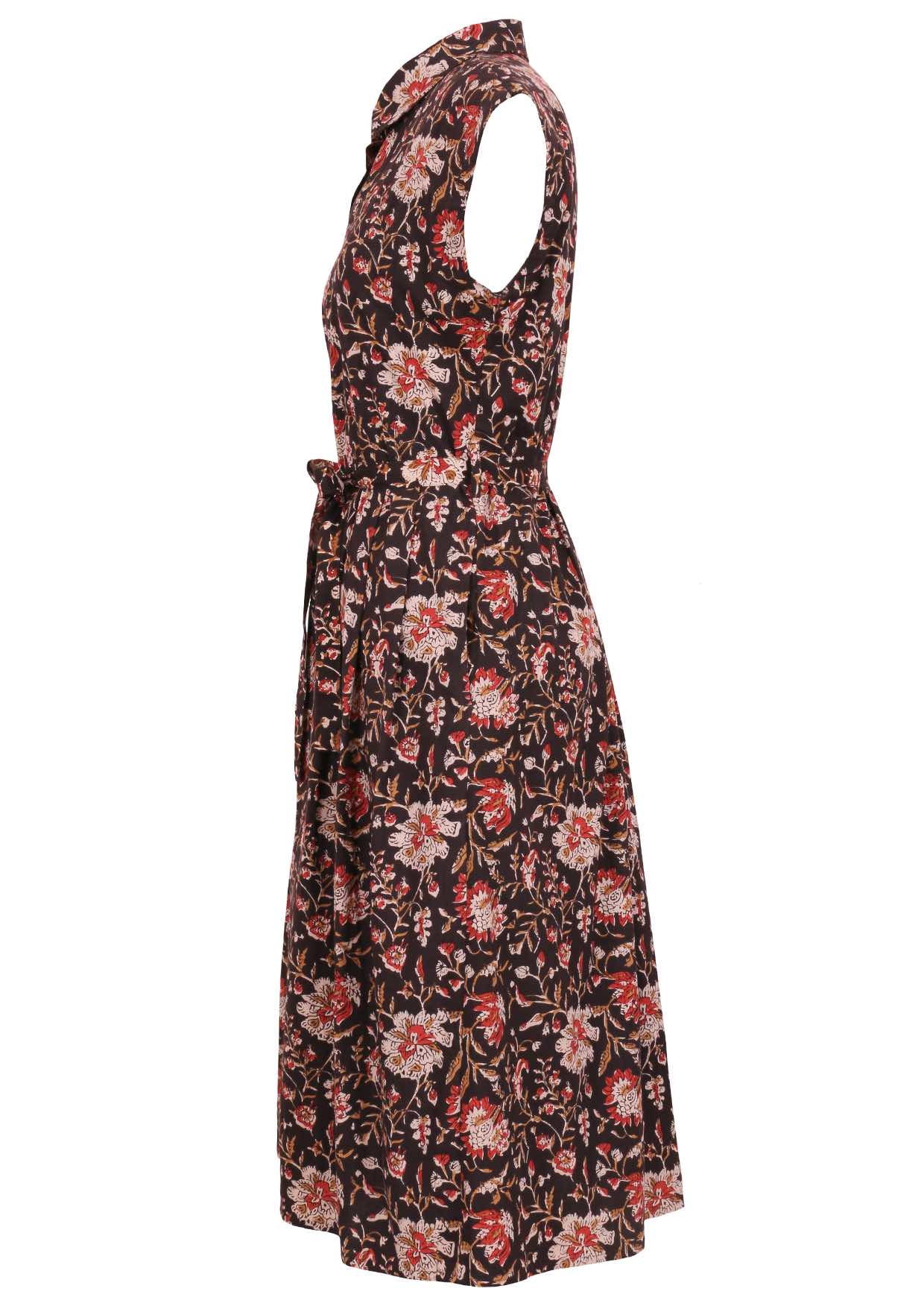Black based traditional Indian floral print cotton dress with pockets.