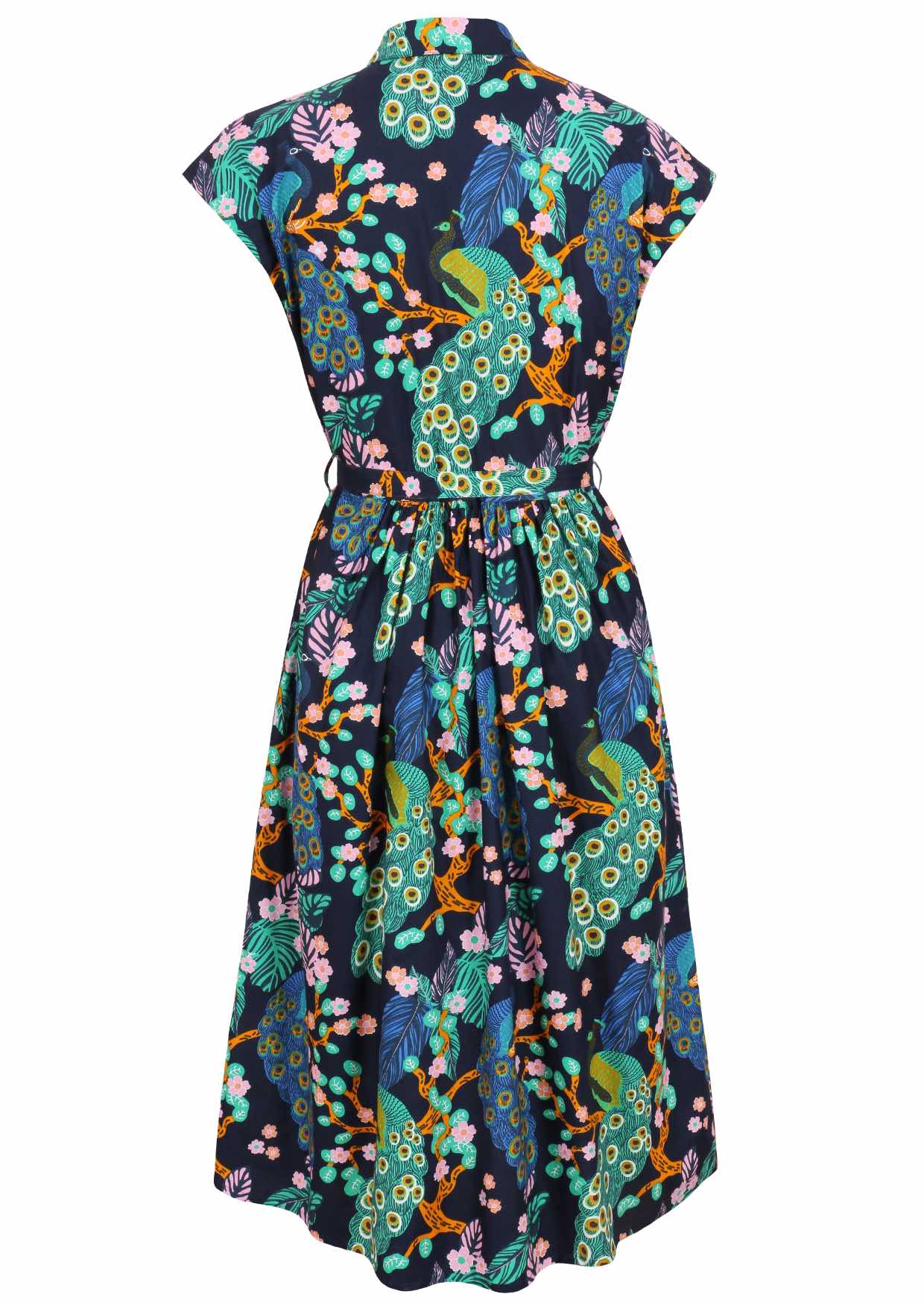 Back view of cap-sleeve cotton dress with a waist tie, collar and hidden side pockets, in a peacock and floral print on a dark navy base