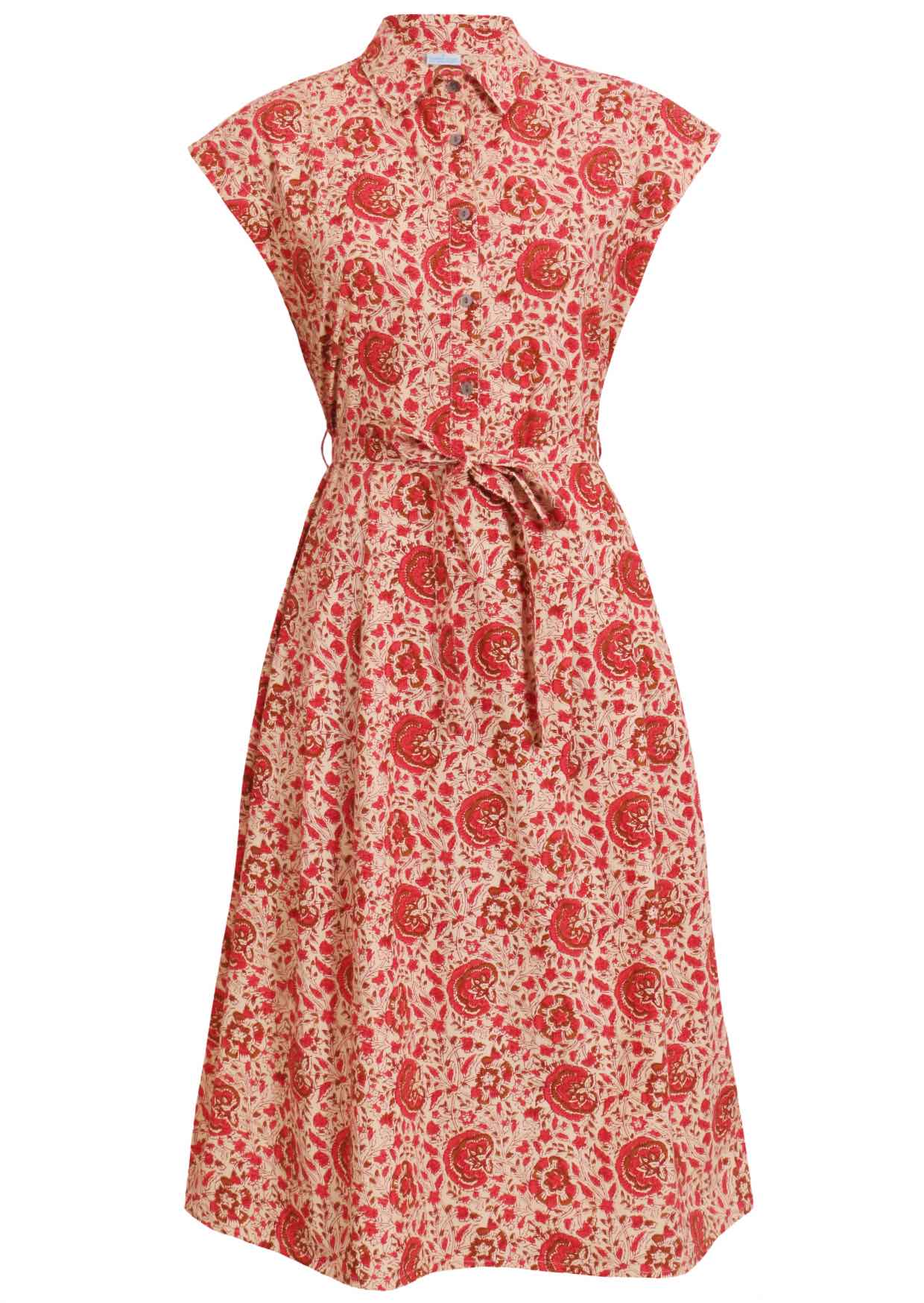 Cream based floral print cotton dress with removable waist tie.